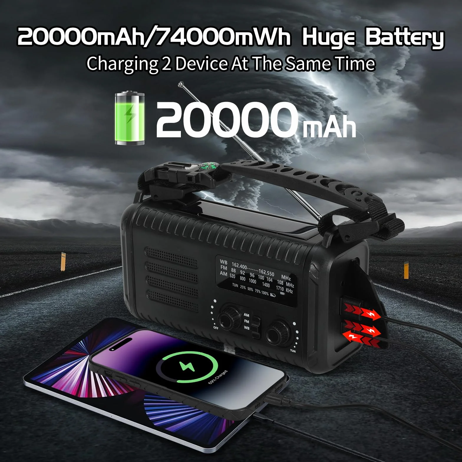 Radio météo d'urgence solaire 20 000 mAh AM/FM/NOAA avec lampe de poche et chargeur téléphone