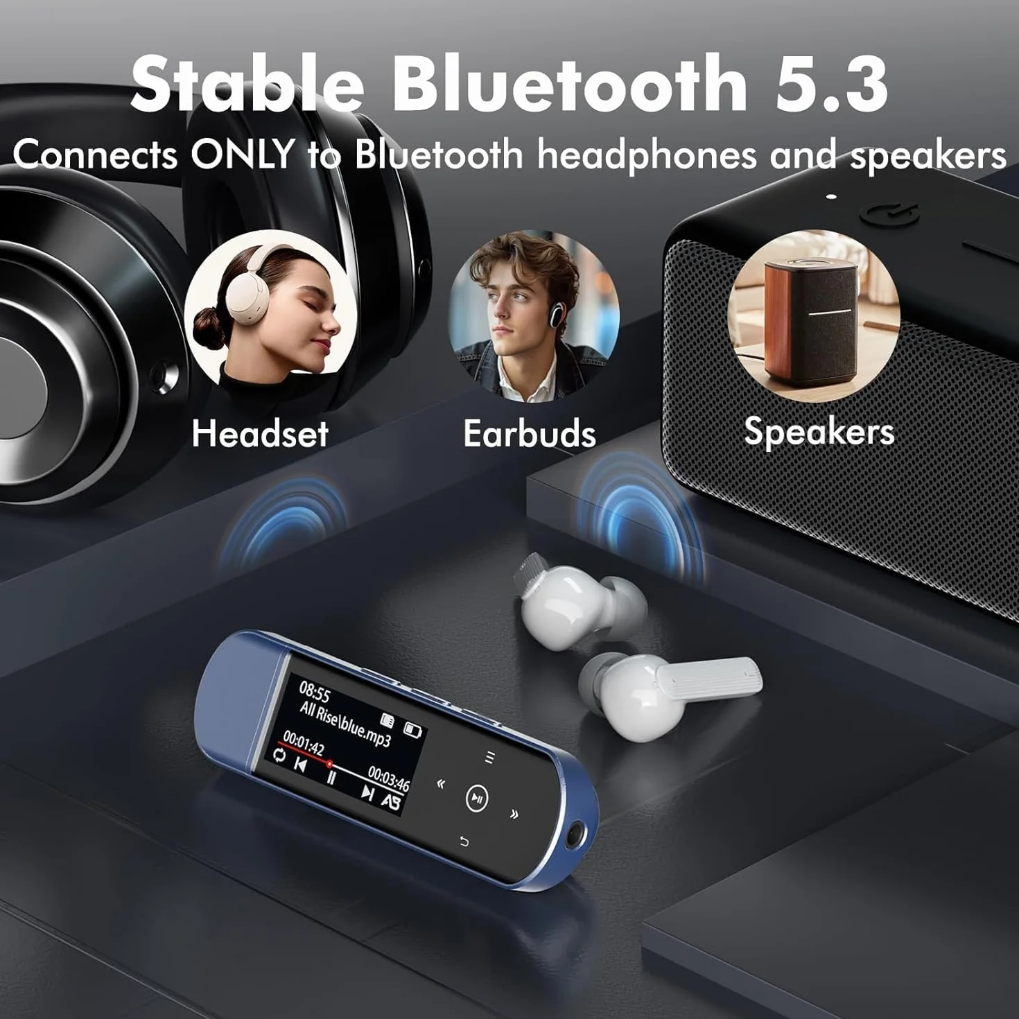 Lecteur MP3 Bluetooth 5.3 64Go USB Portable avec Clip Sport, Radio FM, Enregistreur Vocal