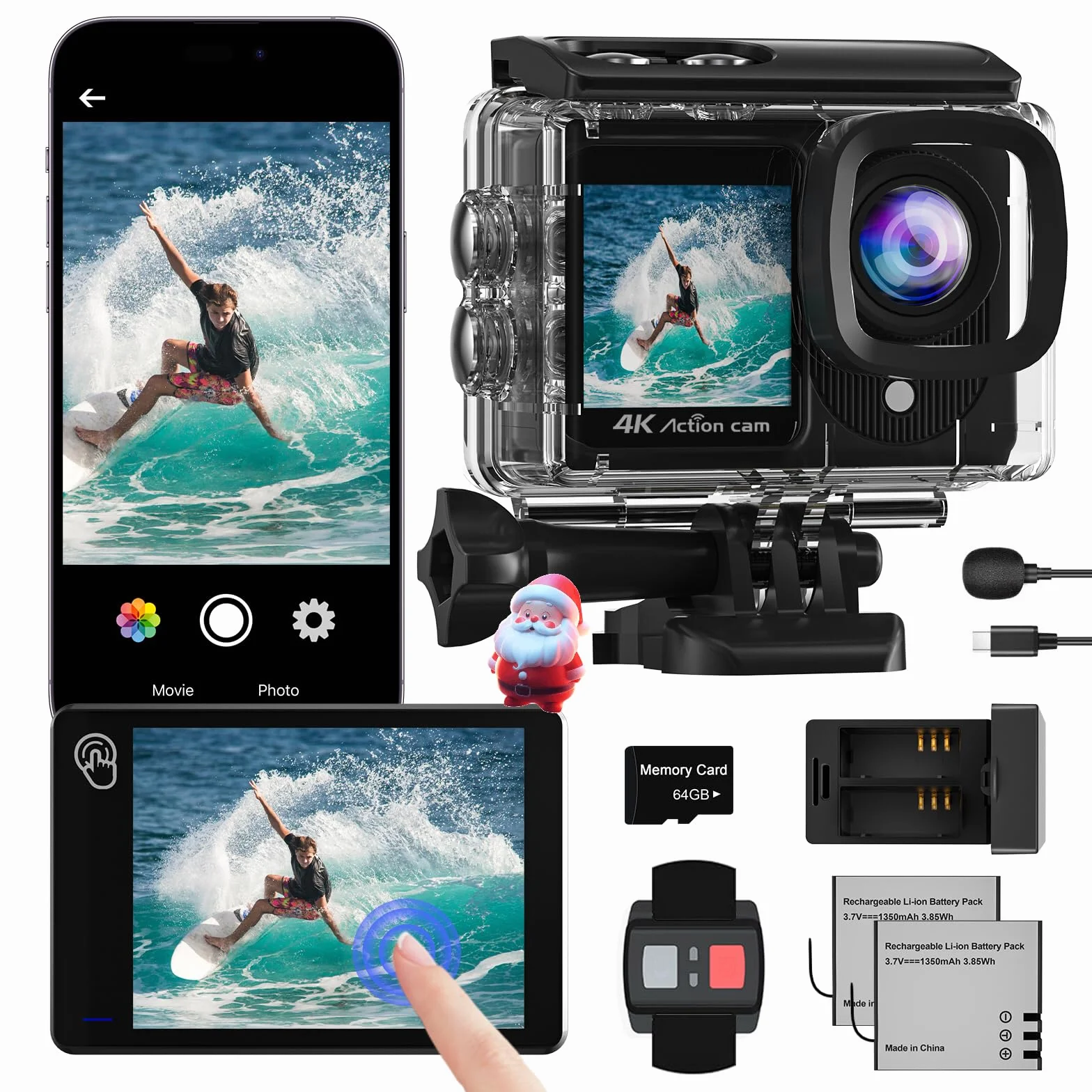Caméra Sport 4K60FPS 48MP Écran Tactile 64GB Carte 40M Étanche EIS 170° WiFi Télécommande 2x1350mAh