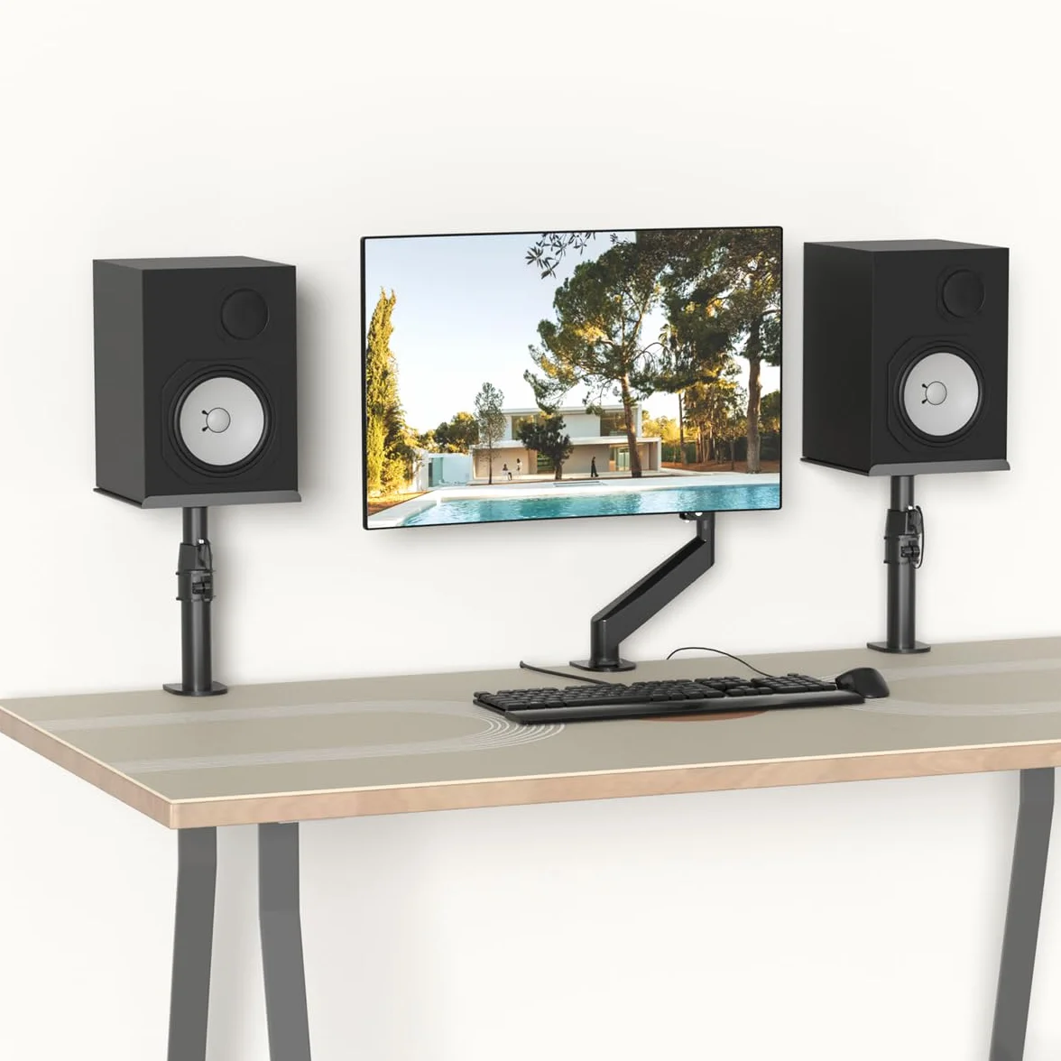Suptek Supports d'enceintes à Pince pour Bureau, Réglables en Hauteur, Inclinables et Pivotants, Plateaux 24,4 x 22,4 cm, Supports Universels pour Enceintes PC et Bibliothèque, Lot de 2, Noir, SDM001B