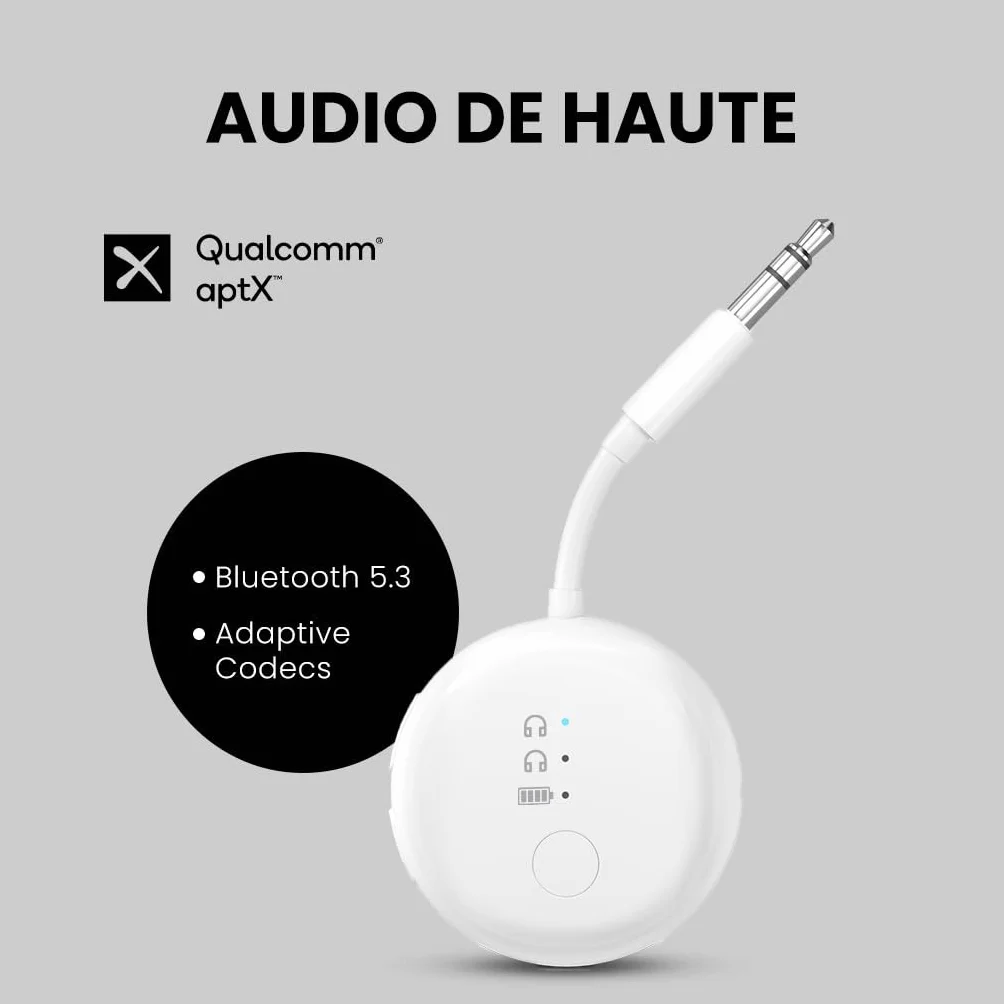Avantree SoundJet R1 Adaptateur Avion Bluetooth aptX Adaptive 20 h Autonomie Transmetteur Audio sans Fil Puce Qualcomm Blanc