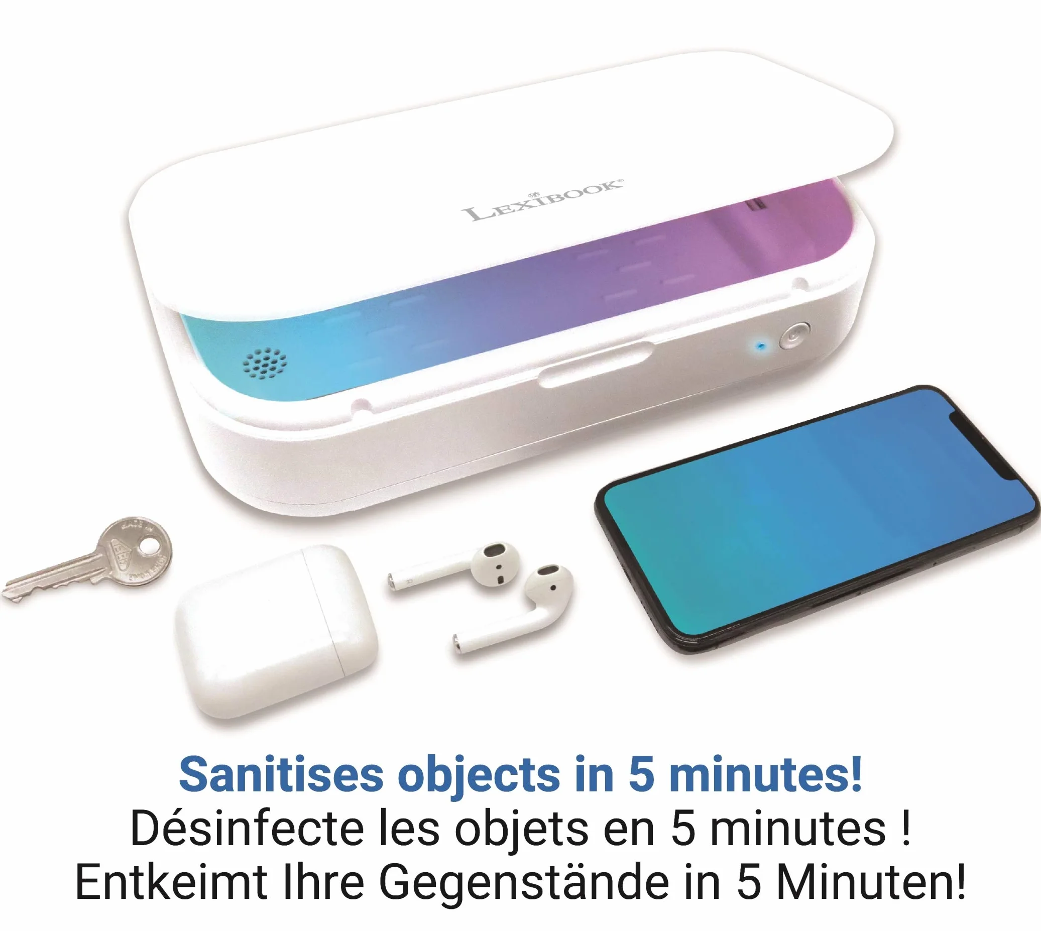 Lexibook LexibookStérilisateur UV - Boîte Stérilisatrice pour Désinfecter Masques, Smartphones, Clés, Écouteurs - Box Lampe UV Stérilisation Rapide 5 Minutes - Aromathérapie - Blanc, UVS100