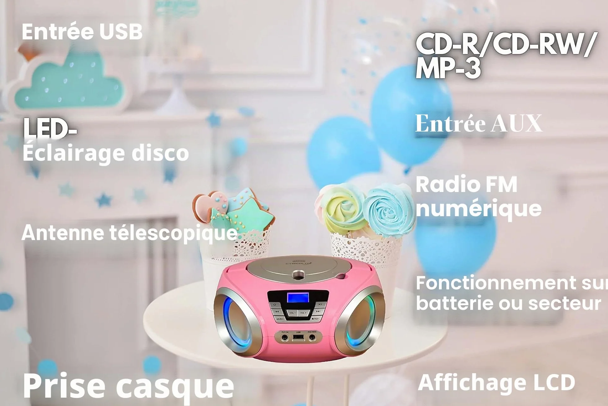 Lecteur CD portable avec radio FM, éclairage LED et USB, prise casque, Aux In - Pretty Kitty Pink