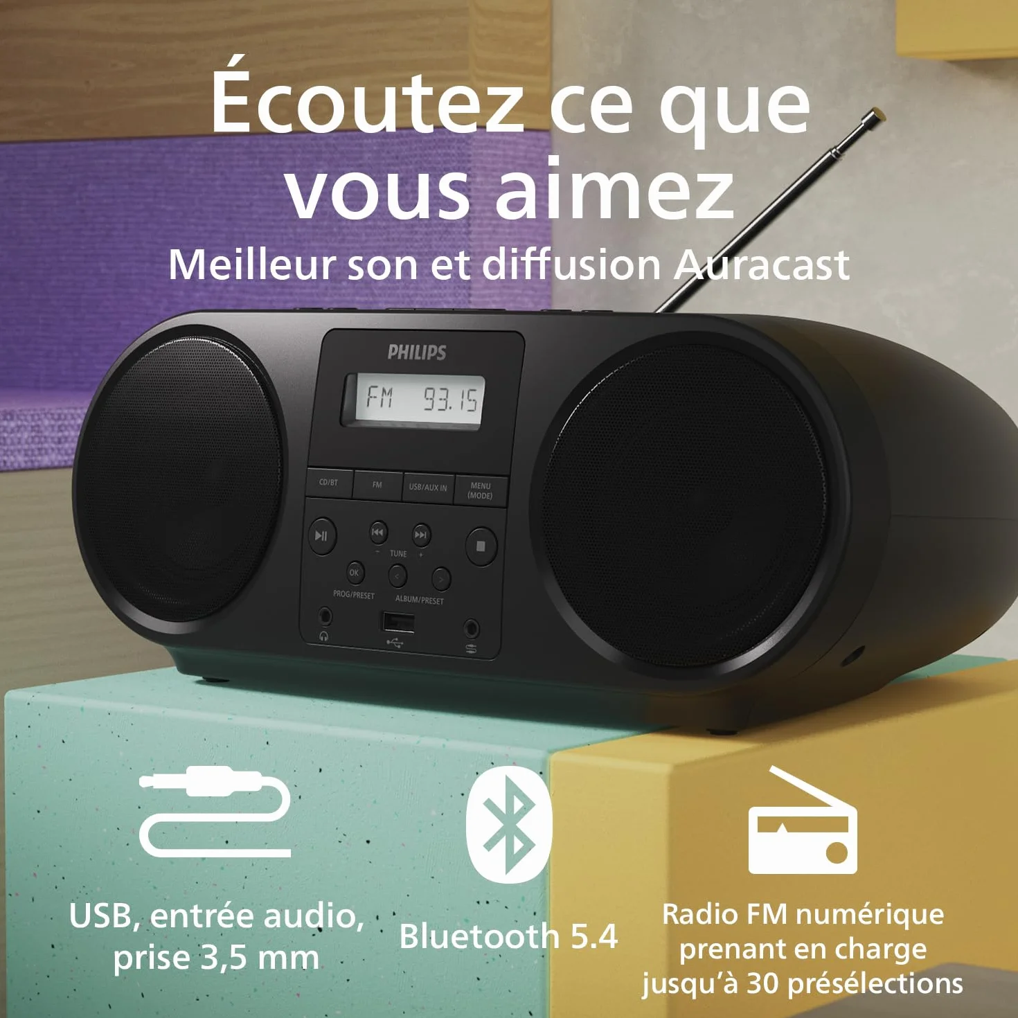 Philips TAZ5000 Lecteur CD Radio FM Bluetooth 5.4 USB Batterie Alimentation CA Amplification Dynamique des Basses Prise Casque 3,5 mm