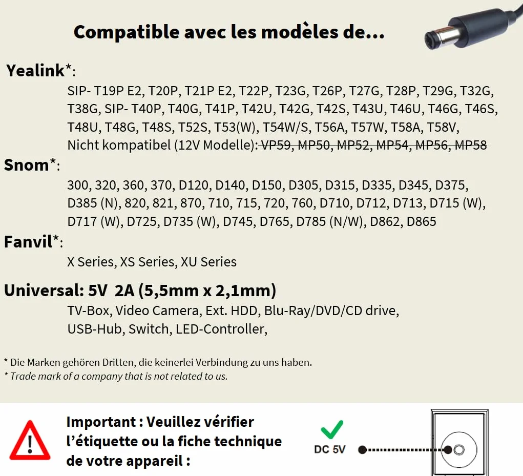 HN-Power 5V / 2A Bloc d'alimentation Compatible pour Yealink, Snom, Fanvil, Grandstream et d'autres téléphones IP - Adaptateurs étroits et économie d'énergie