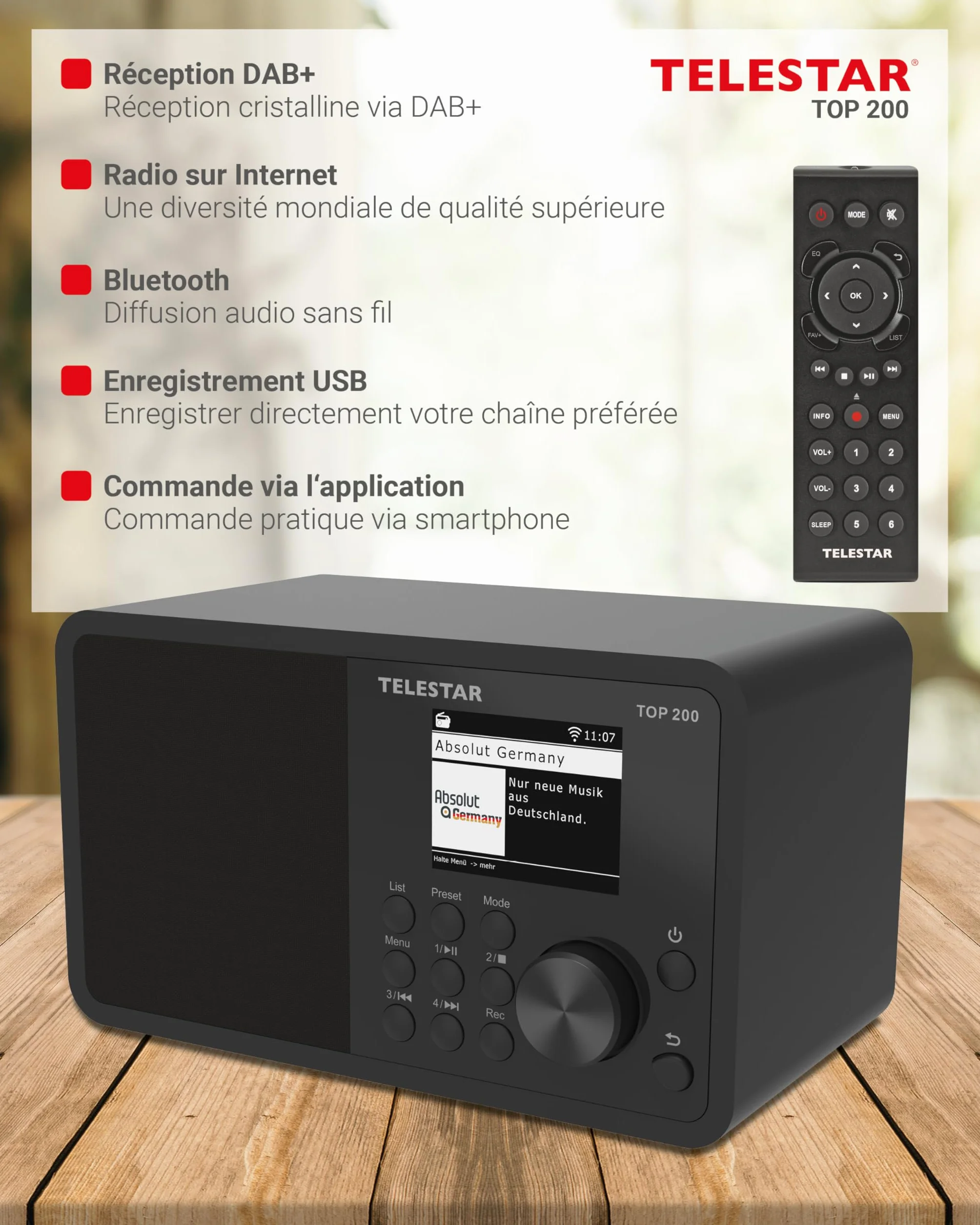 TELESTAR Top 200 – Radio Dab Plus -Internet (Mono, 10 W, Bluetooth Audio-Streaming & Fonction émetteur, Enregistrement USB, système d’Alerte d’Urgence, contrôle Via Application) – Noir