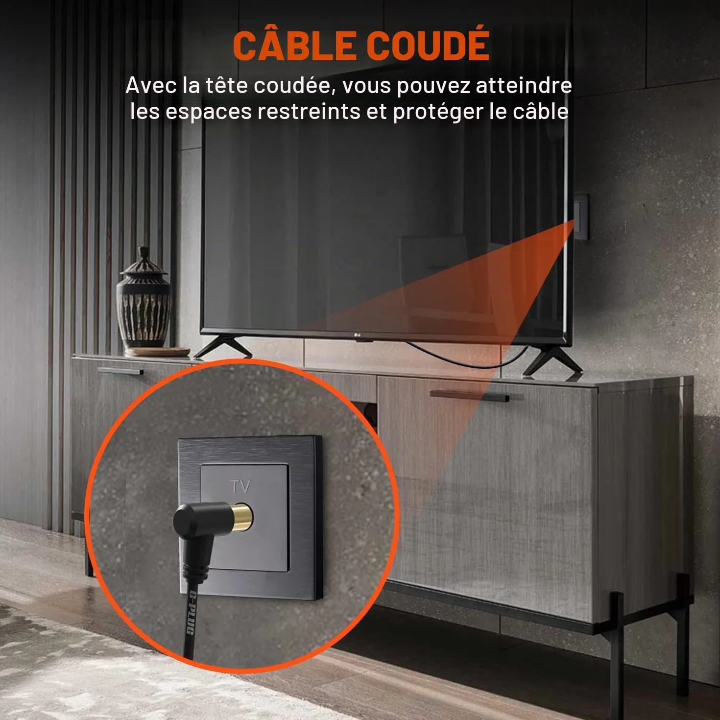 Câble d’Antenne TV 2m Angle Droit Coaxial Mâle-Mâle avec Adaptateur Connecteurs RF Plaqués Or