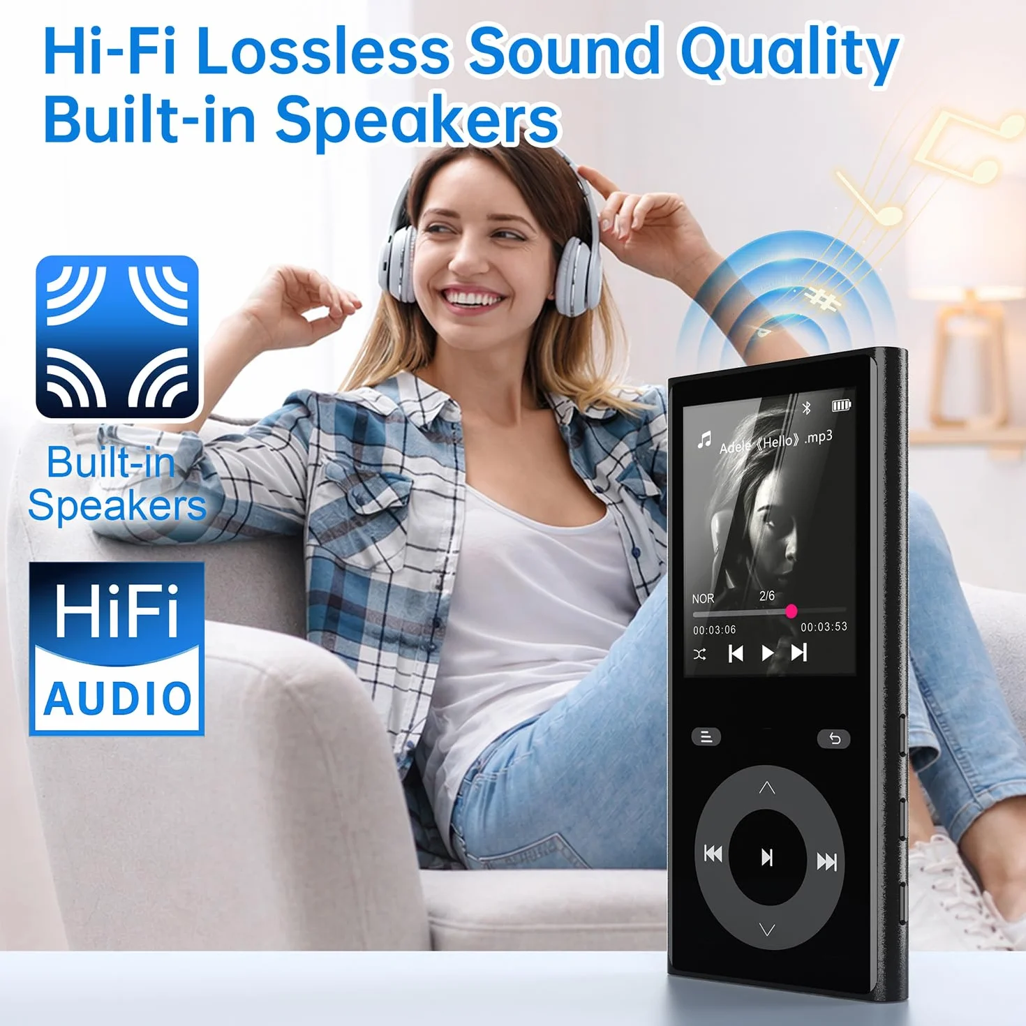 Lecteur MP3 Bluetooth 5.3, MP3 Player avec 2 Emplacements pour Cartes TF, Écran Couleur 2,4", Bouton Tactile, Haut-Parleur, Son HiFi, Jusqu'à 256 Go