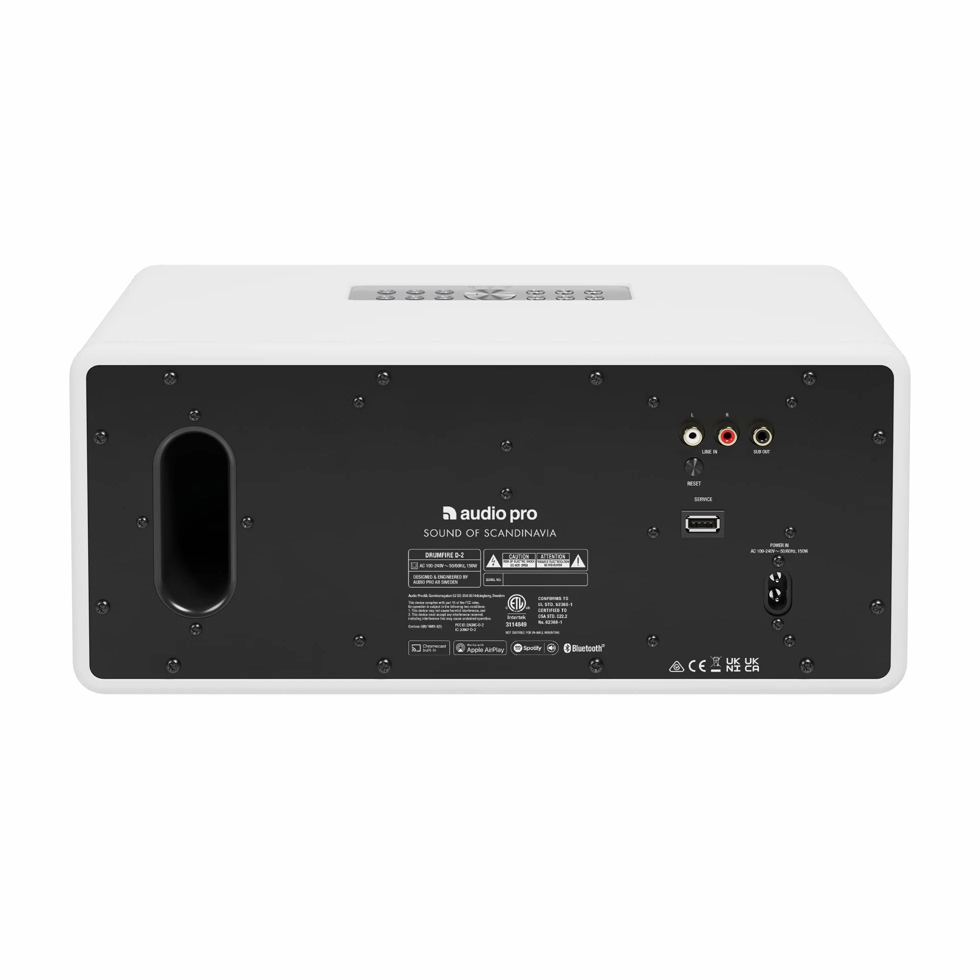 Audio Pro Drumfire-D2 - Enceinte Multiroom Ultra Puissante avec Bluetooth & WiFi - Enceinte Stéréo avec AirPlay 2, Chromecast, Spotify sans Fil - Blanc
