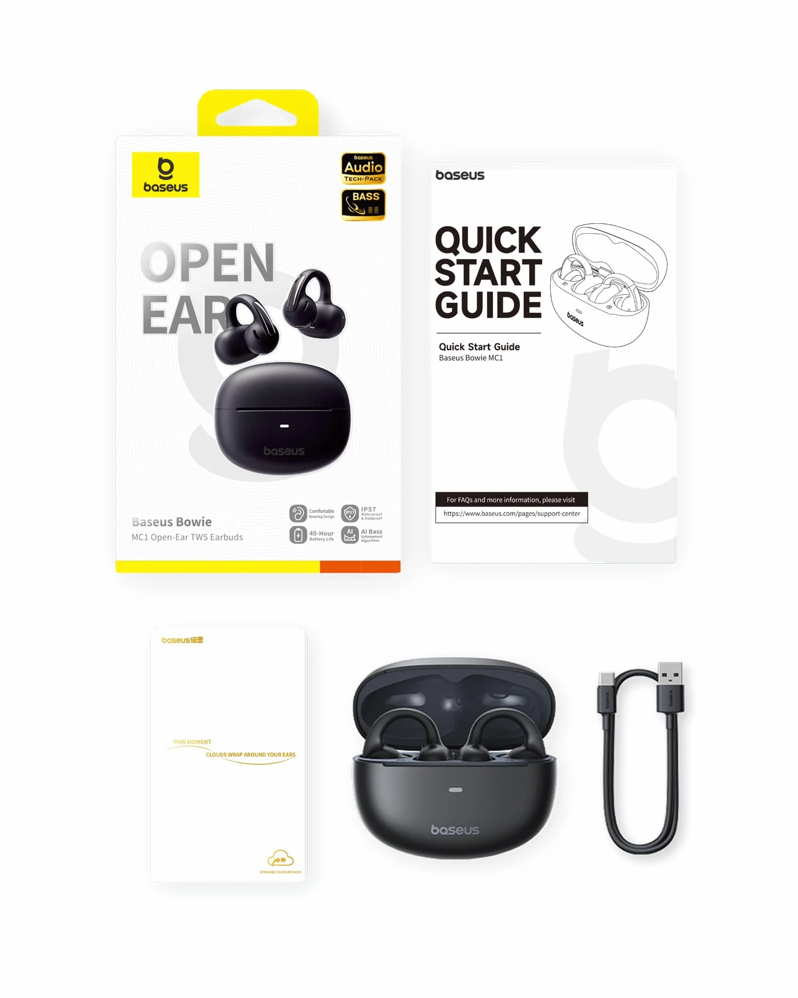 Baseus Bowie MC1 Casque Ouvert, Ecouteur Conduction Osseuse avec Son Impressionnant, Renforcement des Basses Adaptatif, Bluetooth 5.4, Réduction du Bruit Lors des Appels, IP57, Autonomie de 40h