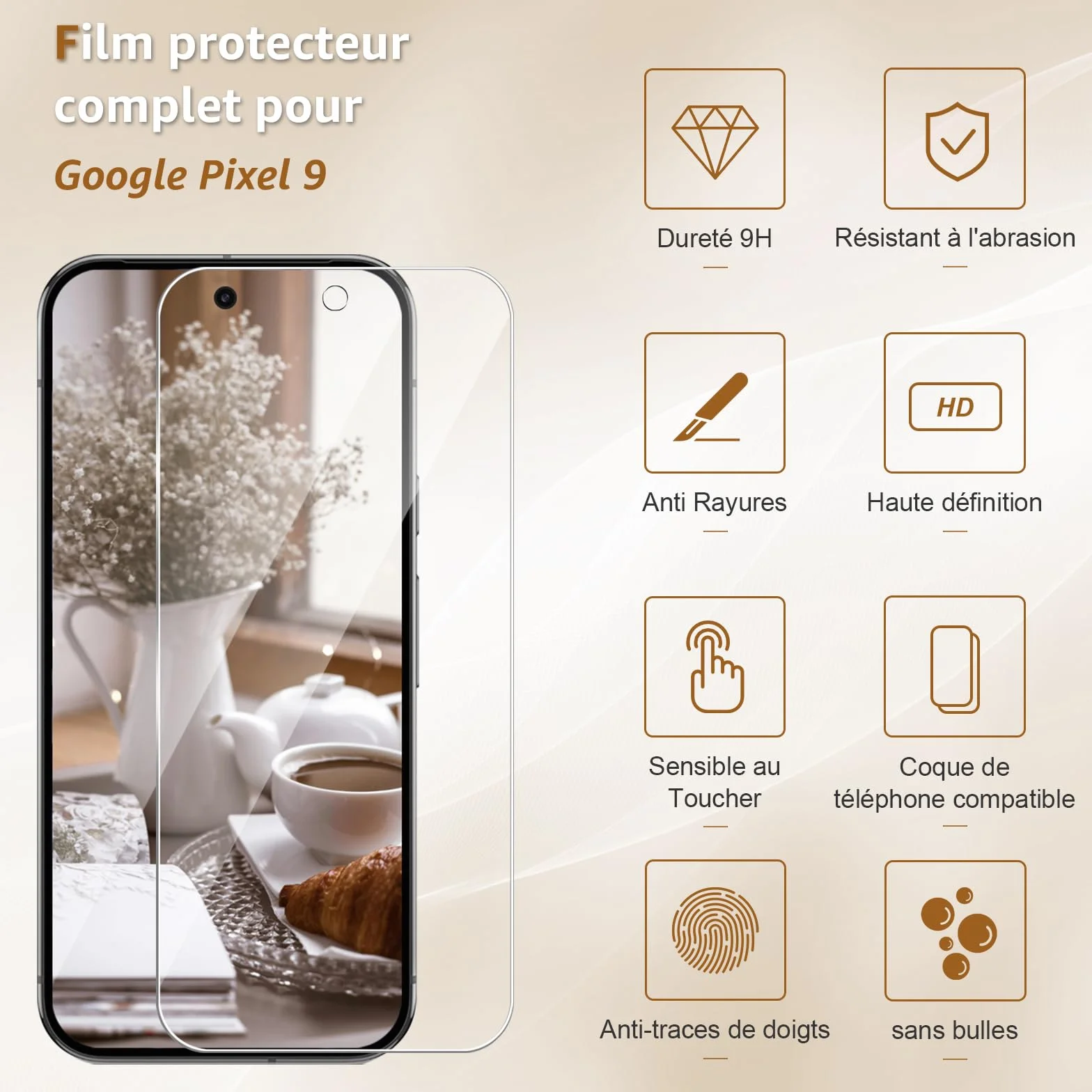 Cable Leader Verre Trempé pour Google Pixel 9 5G, pas de bulles protection écran, Dureté 9H, Couverture 2.5D, Anti-huile, Sensible au Toucher, 0.33mm Transparent HD Pixel 9 vitre protection-2 pièces