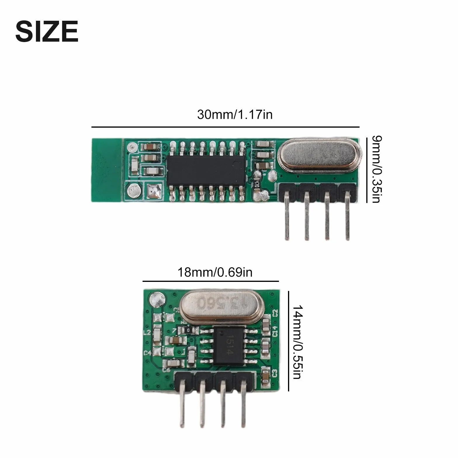 Module émetteur récepteur RF superhétérodyne 433 MHz 108 dBm Télécommande sans fil Ask OOK 30 x 9 x 1 mm vert