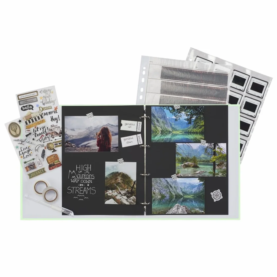 Hama Classeur à négatifs (4 anneaux, niveau de remplissage 39 mm, feuilles rectangulaires, album à négatifs d'une pellicule photo) Vert pale