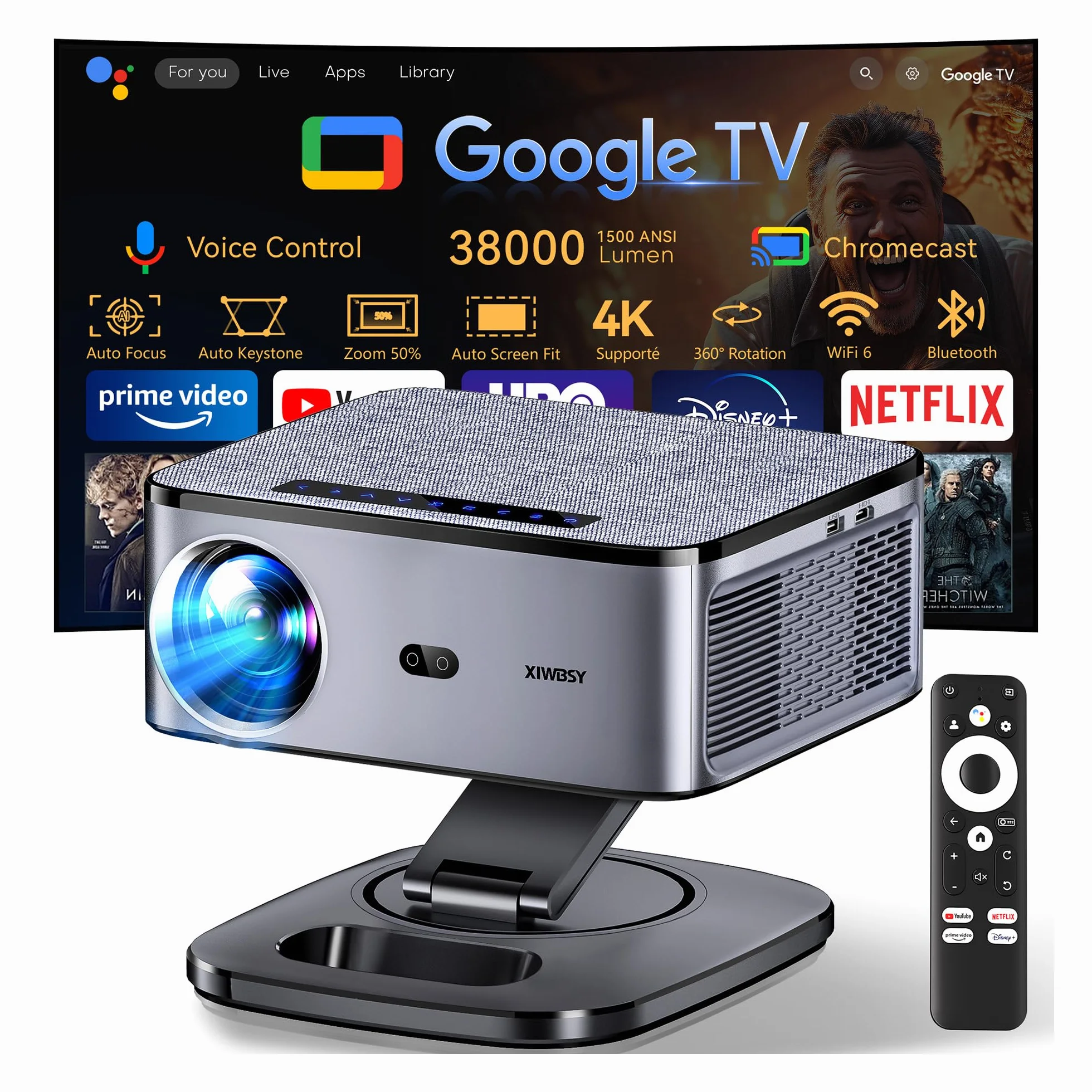 【1500 ANSI/Google TV/Autofokus】 XIWBSY Videoprojecteur 4K Supporté, 38000 Lumen FHD, 360° Rotation, Projecteur Video 4K Contrôle Vocal, Retroprojecteur WiFi6 Bluetooth