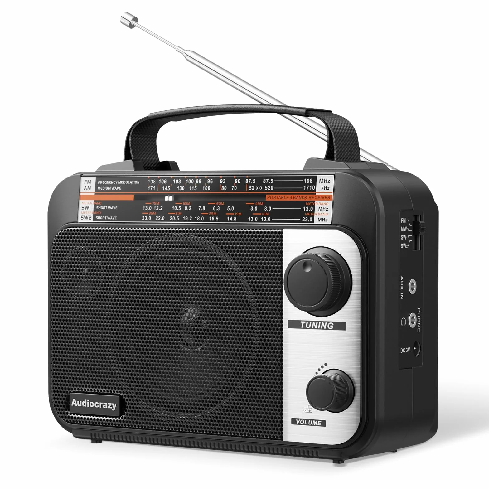 Radio Portable FM/AM/SW1-2 Radio Multibande avec Batterie Rechargeable 1800 mAh, Câble AC Ou Radio FM Portable avec Piles, Haut-parleurs, Prise Casque, Entrée AUX Noir