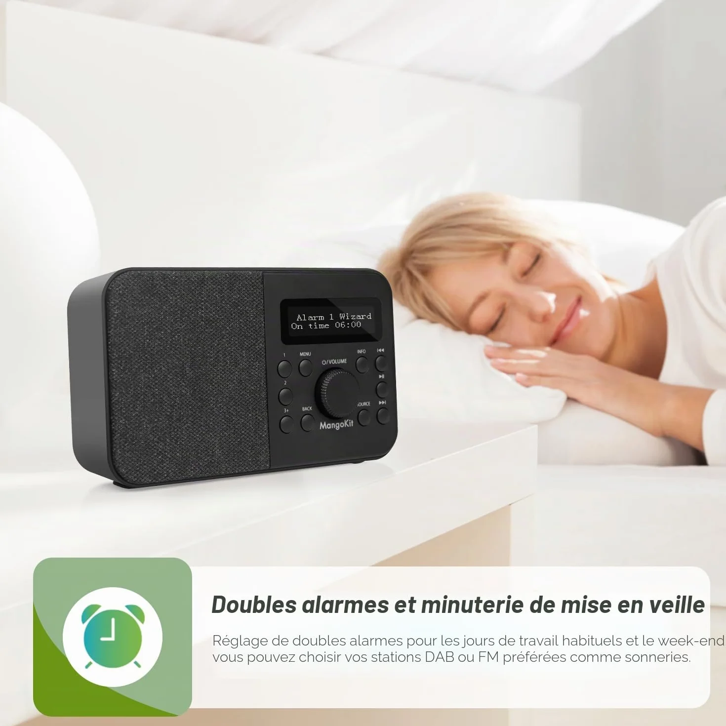 Radio Numérique DAB Portable FM Bluetooth avec Écran, Réveil, 40 Stations Préréglées - Noir