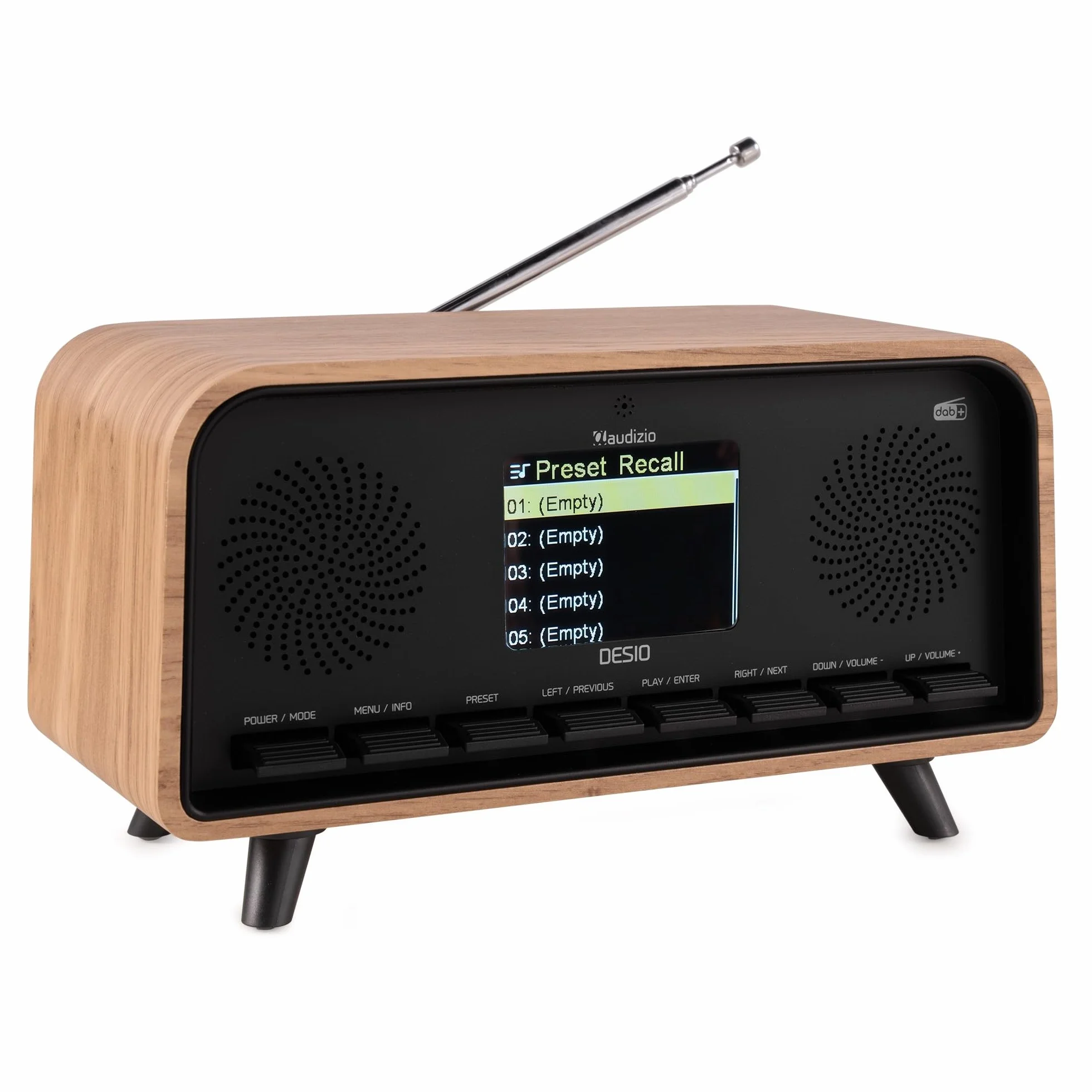 Audizio Desio Radio Dab/Dab+/FM avec BT 5.0, Écran Couleur 2,4", Port USB et Entrée AUX 3,5 mm, Design Rétro Couleur Chêne, Alarme et Minuterie, Idéale pour Salon, Cuisine ou Chambre