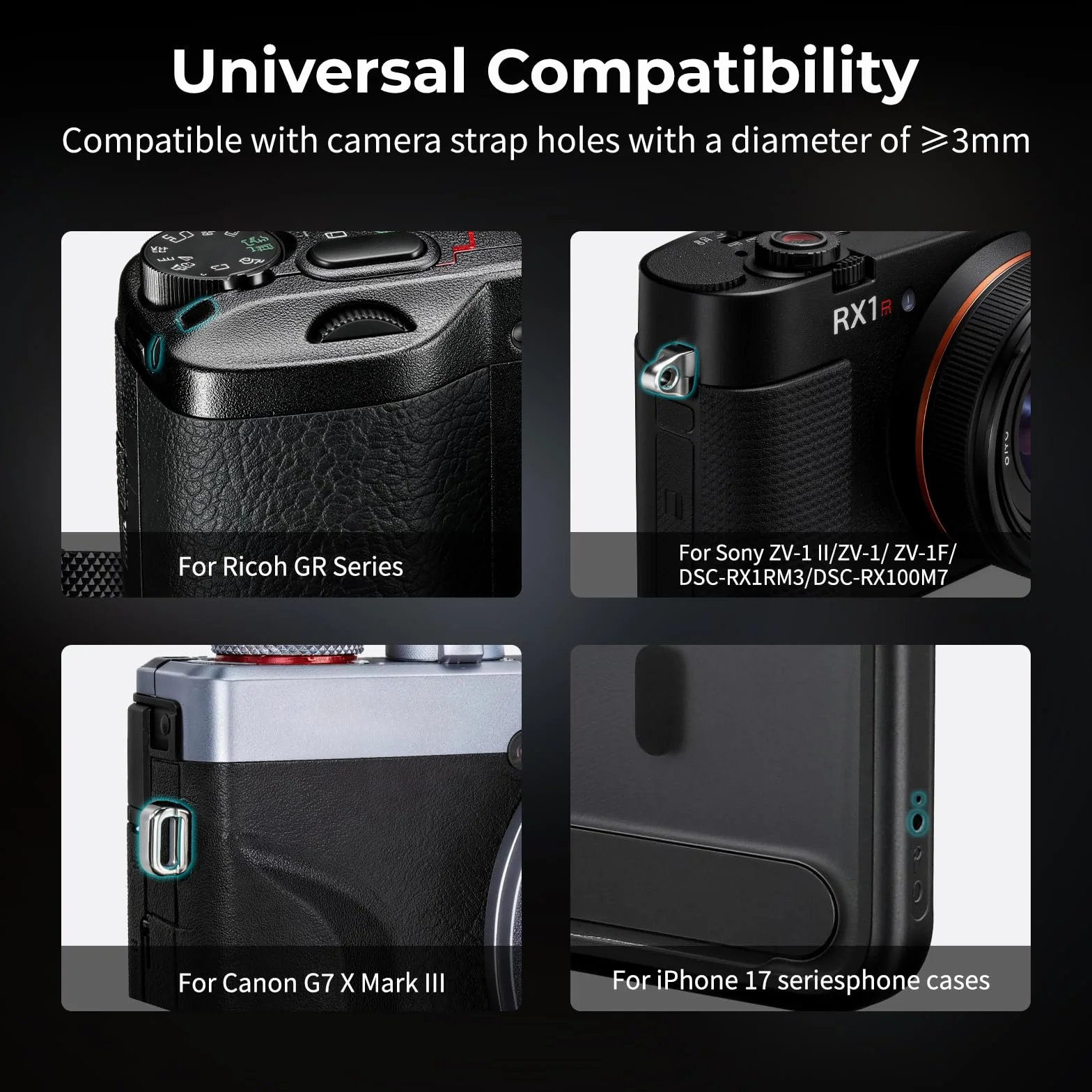 SMALLRIG Bandoulière à Dégagement Rapide pour Ricoh série GR, Portable et Protectrice, pour Sony ZV-1 II/ZV-1 / ZV-1F, pour Canon G7 X Mark III, Coques de Téléphone pour iPhone série 17, Noire -5686