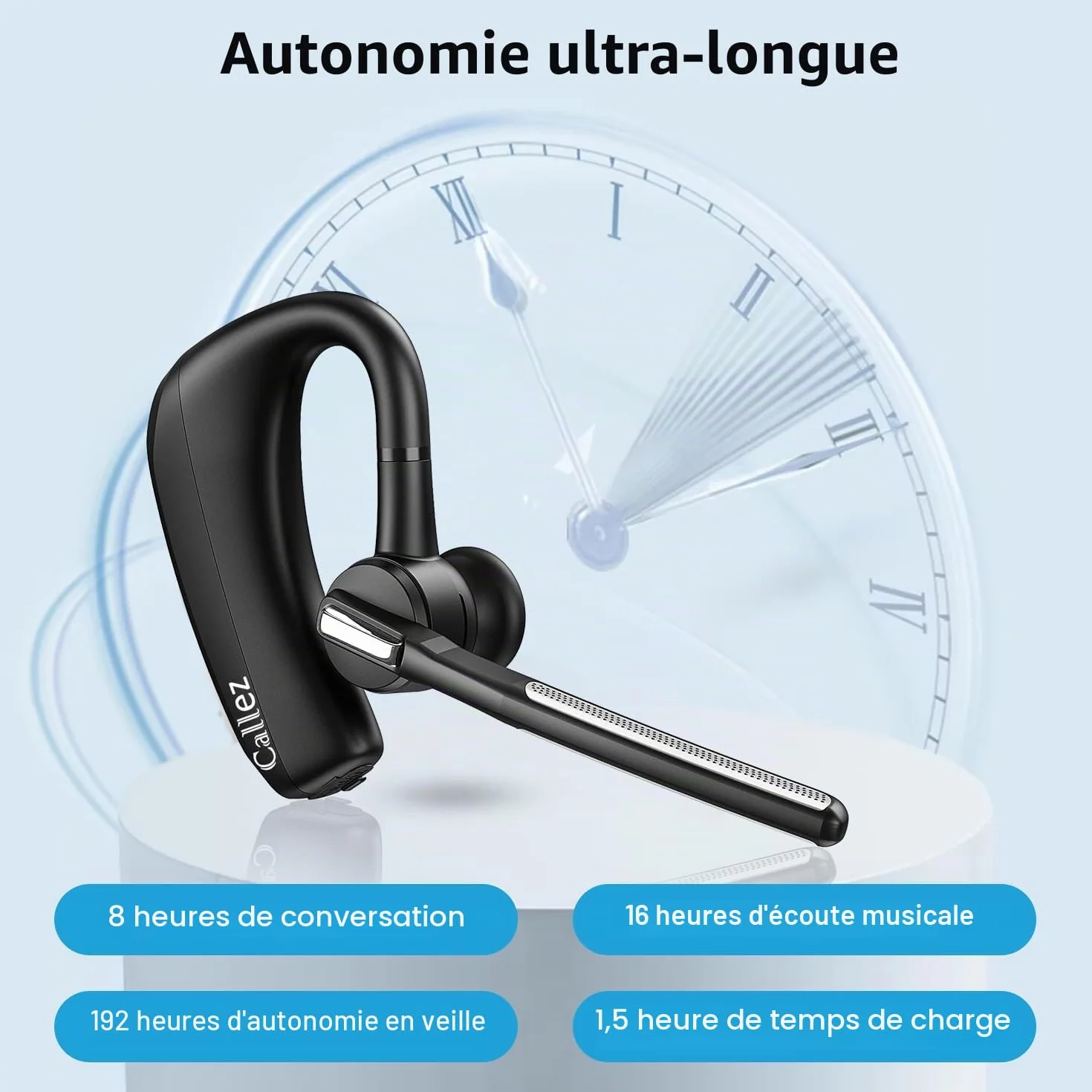 Callez Oreillette Bluetooth sans Fil pour iPhone Samsung Téléphone Portable, Casques Bluetooth Mono Écouteur V5.0 Main Libre avec Double Micro CVC8.0 ENC Antibruit pour Conduite Affaires Bureau