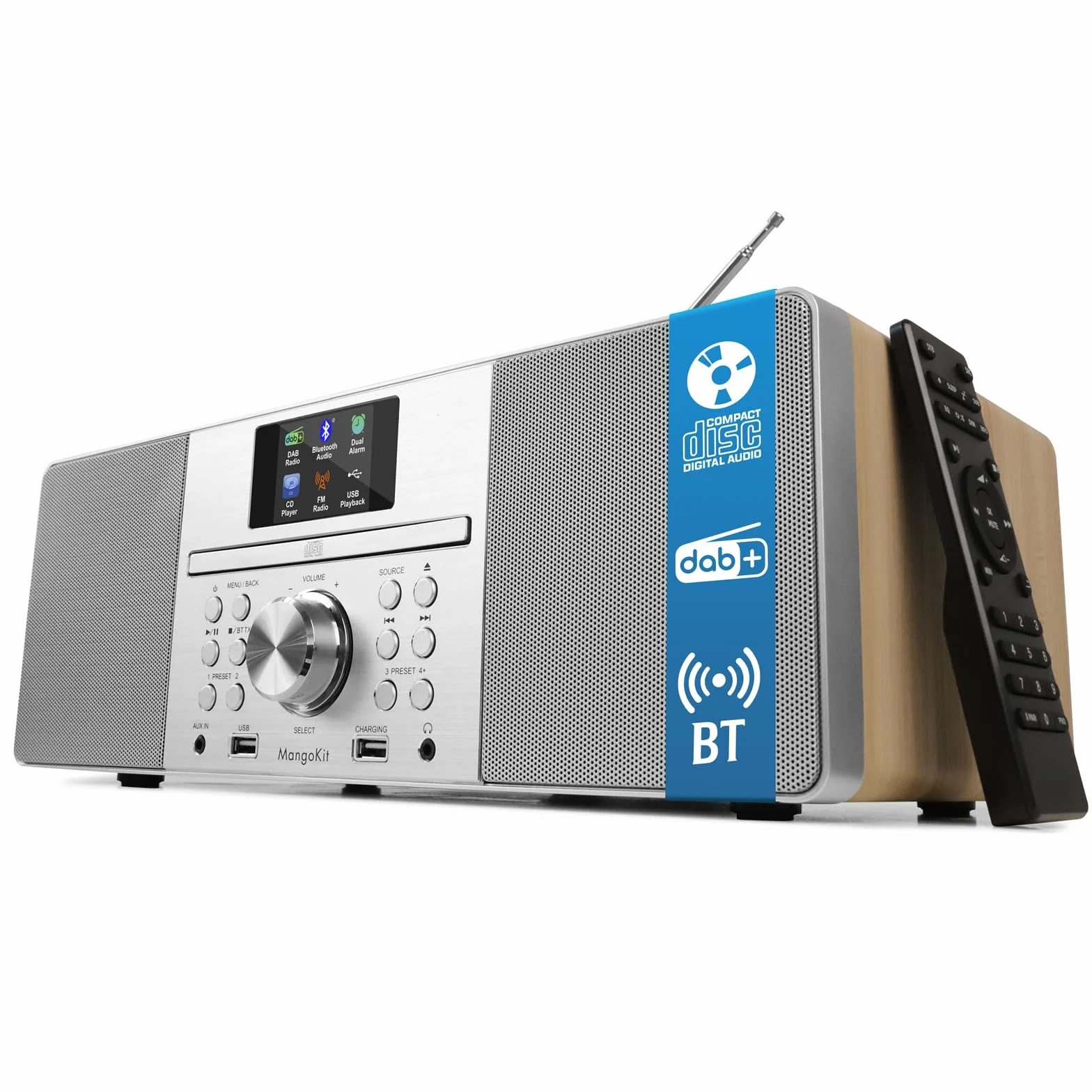 Lecteur CD avec Radio Dab/Dab+ et FM, Streaming Bluetooth, système Hi-FI stéréo 80 W, écran Couleur, 60 Stations préréglées, télécommande, Coffret en Bois Acoustique, MANGOKIT MS1-Arce