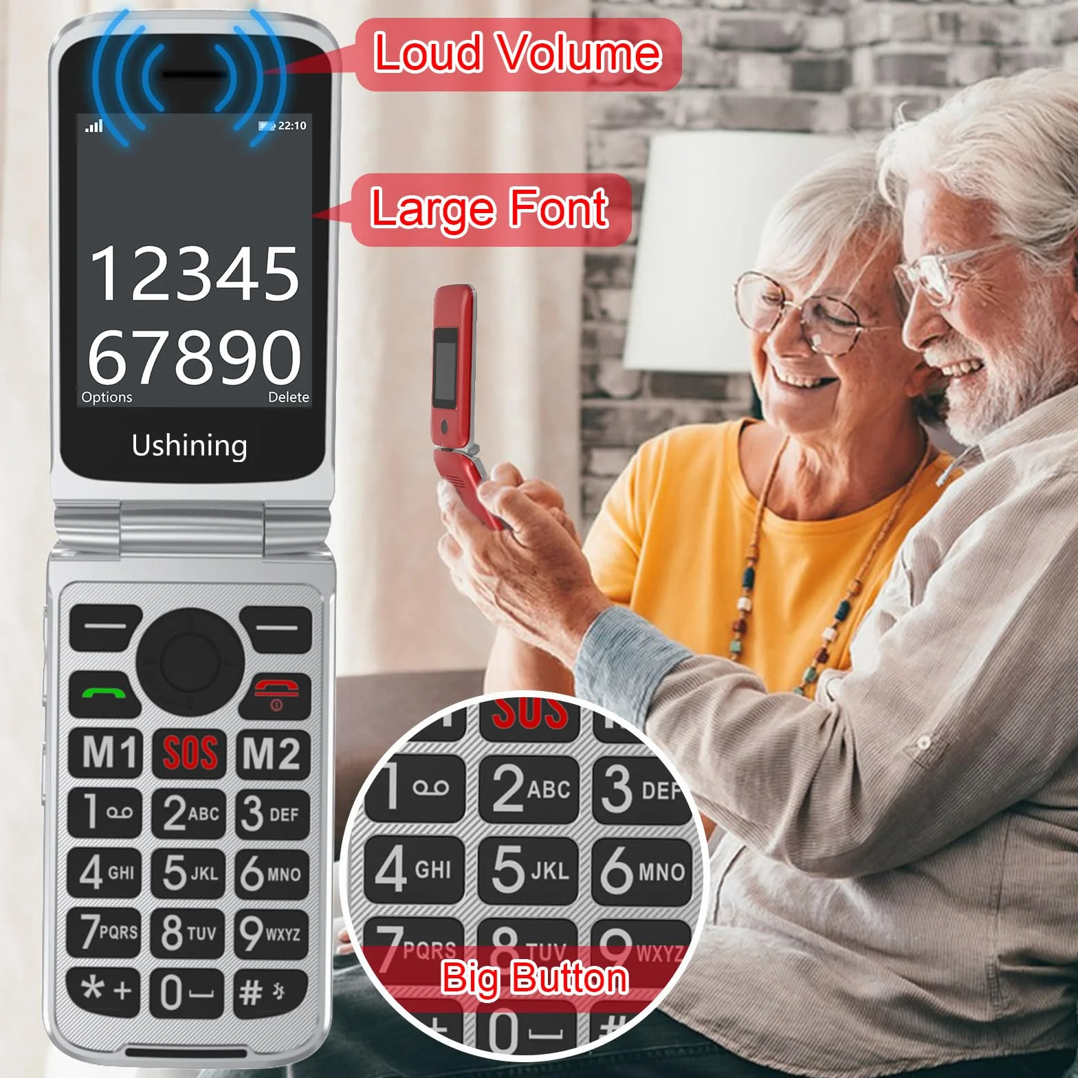 4G Telephone Portable Senior Clapet Basique Sans Forfait,Telephone pour Personne Agée avec 2.8” Grandes Écran,Grosse Touche,Bouton SOS,Station de Charge,Lampe Torche,Radio FM, 1200mAh Batterie (Rouge)