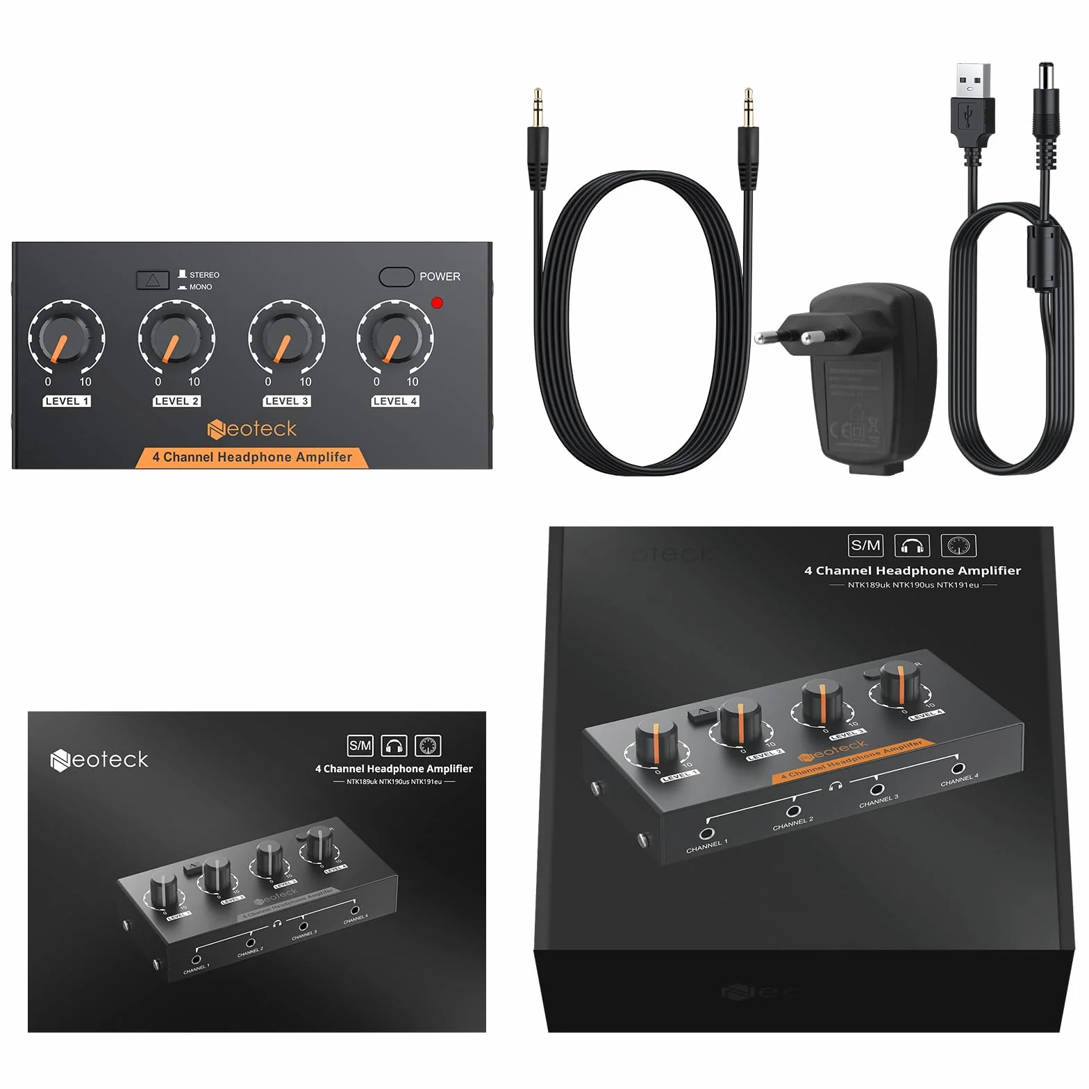 Neoteck Amplificateur de Casque Stéréo à 4 Canaux avec Commandes de Volume Amplificateur Audio en Métal Mono/Stéréo à 4 Canaux avec Câble Audio de 3,5 Mm pour Petits Groupes Club Bar Stage Mixer