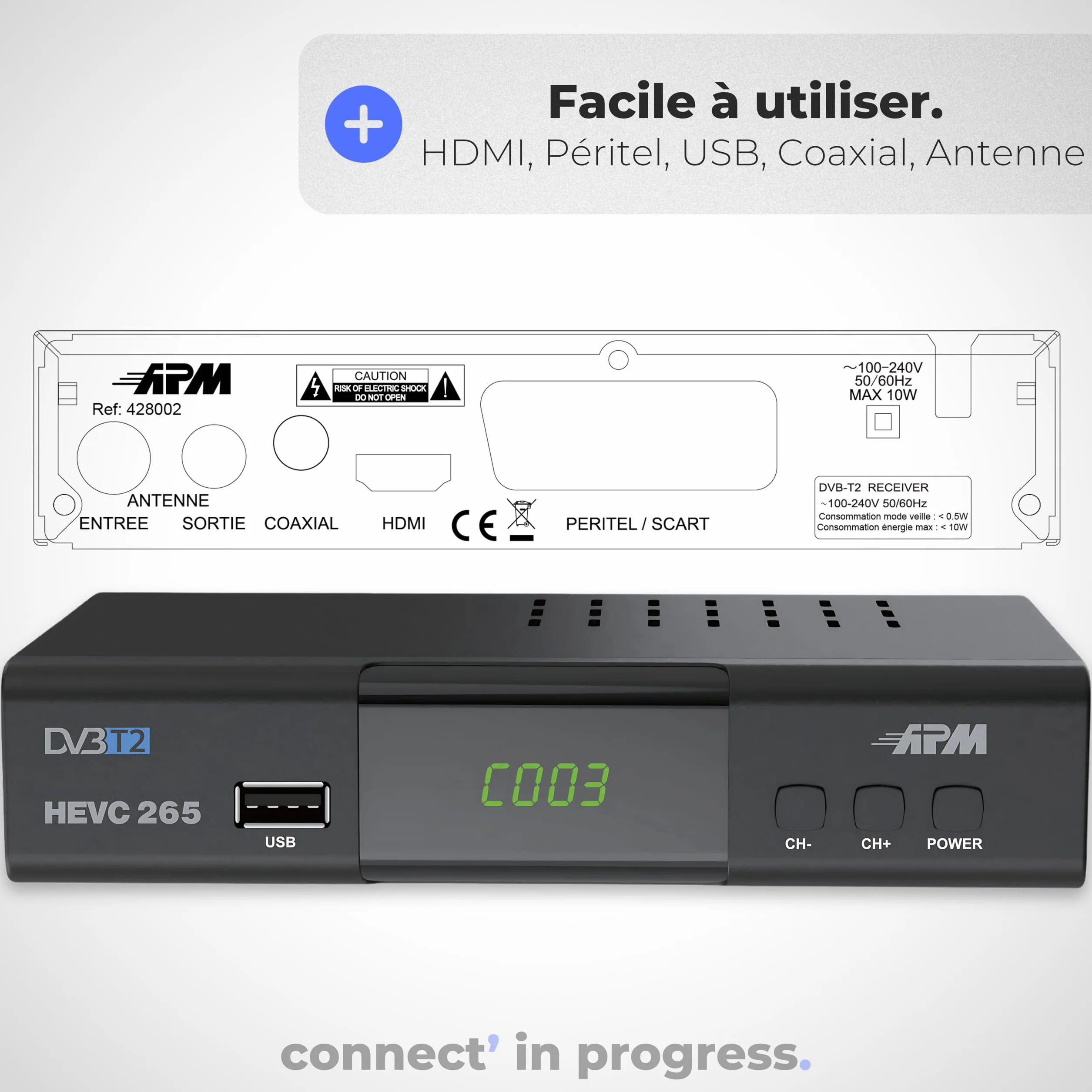 APM Décodeur TNT Full HD 1080p H.265 HEVC DVB-T2 DVB-C HDMI Péritel USB Coax