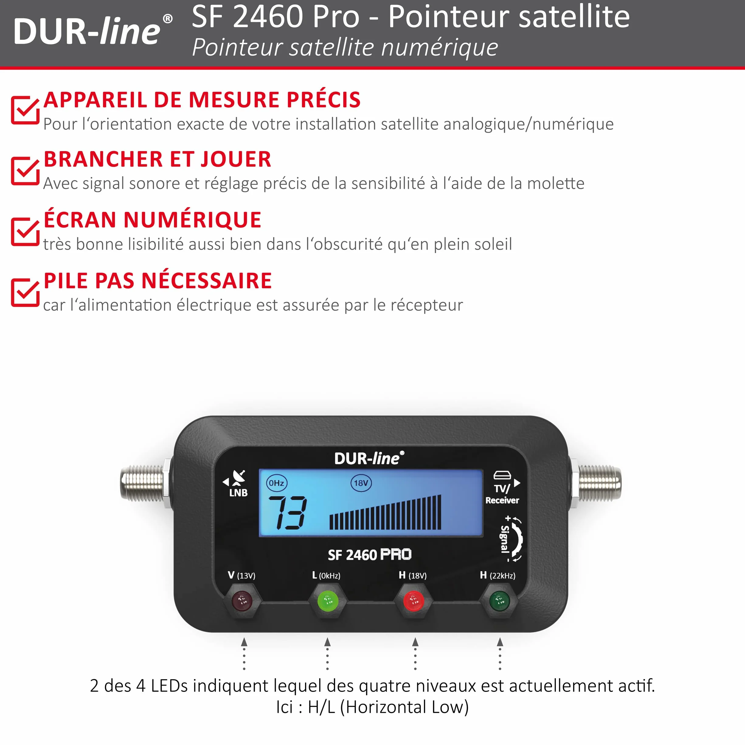 Dur-Line SF 2460 Pro Pointeur Satellite Appareil de Mesure avec câble F Signal sonore écran LCD Astra Hotbird