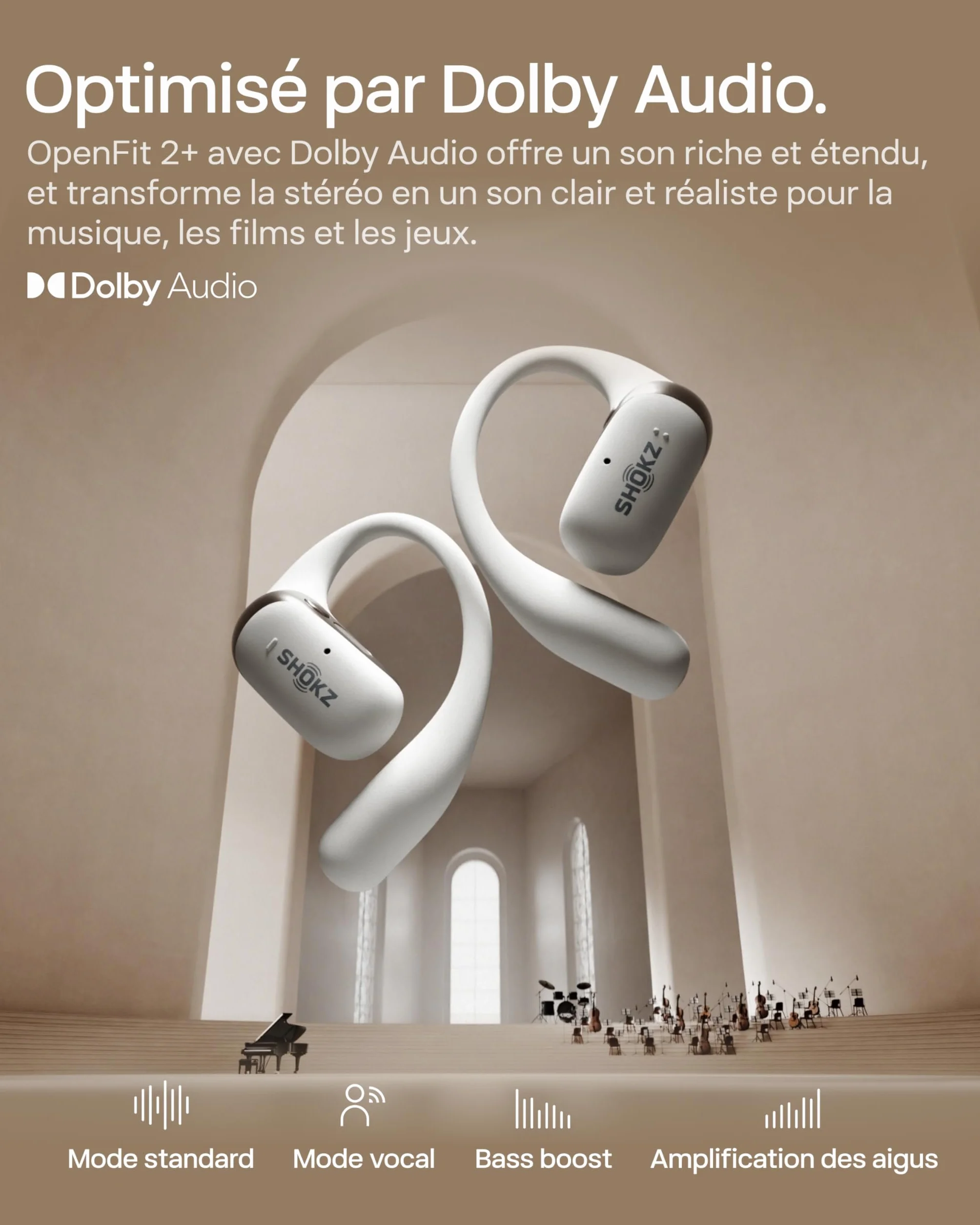 SHOKZ OpenFit 2+ Nouveaux Casques à Oreilles Libres, Dolby Audio, Crochets d’Oreille Souples, 48 Heures d’autonomie, résistance à l’Eau IP55, Recharge sans Fil, avec Sac de Transport, Noir