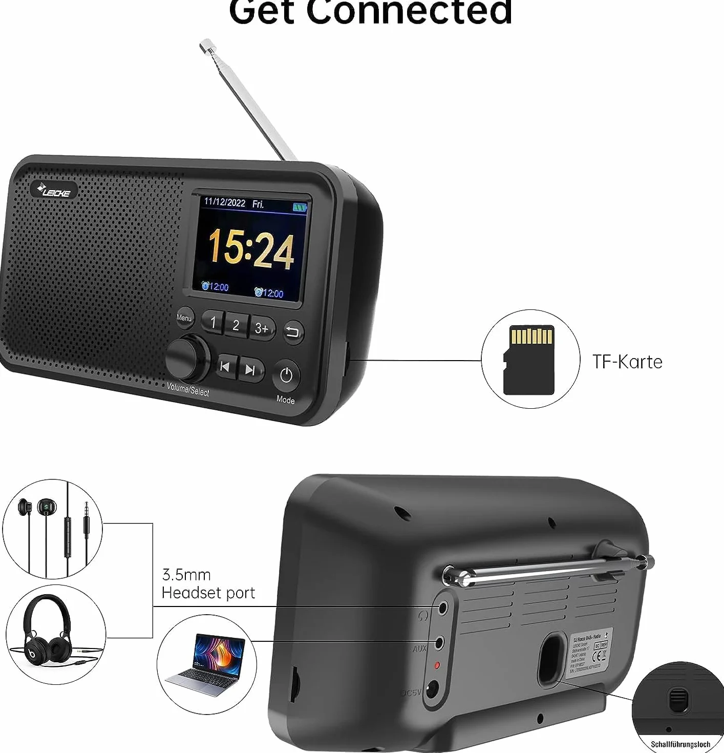 LEICKE Radio Portable avec Bluetooth 5.0 | Radio Dab/Dab+ et FM, écran Couleur 2,4", 80 préréglages, Radio de Cuisine avec câble ou Batterie de 2000mAh, Connexion MicroSD/TF/AUX, Fonctions d'alarme