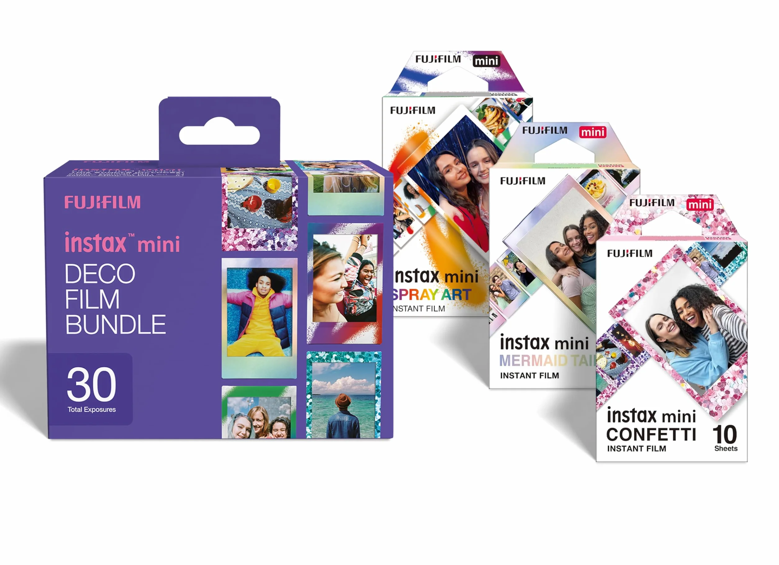 instax Mini Deco Film Bundle, 30 Films Comprenant 1 Pack de 10 Films de Chaque Produits avec Bordure Confetti, Mermaind Tail et Spray Art