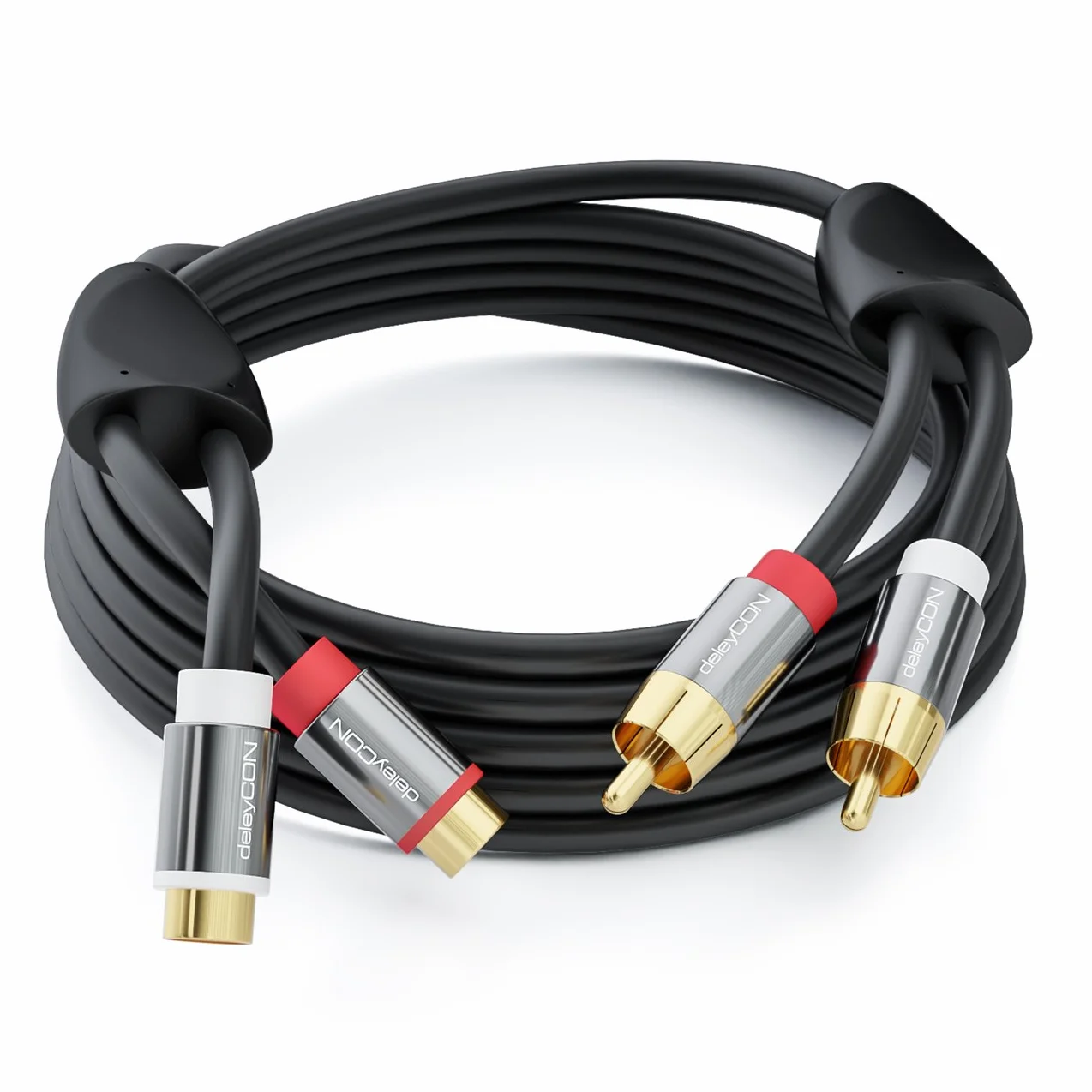 deleyCON 7,5m Câble Rallonge Cinch RCA Stéréo Audio - 2x Fiche vers 2x Prise - Connecteurs Métalliques Dorés Noir