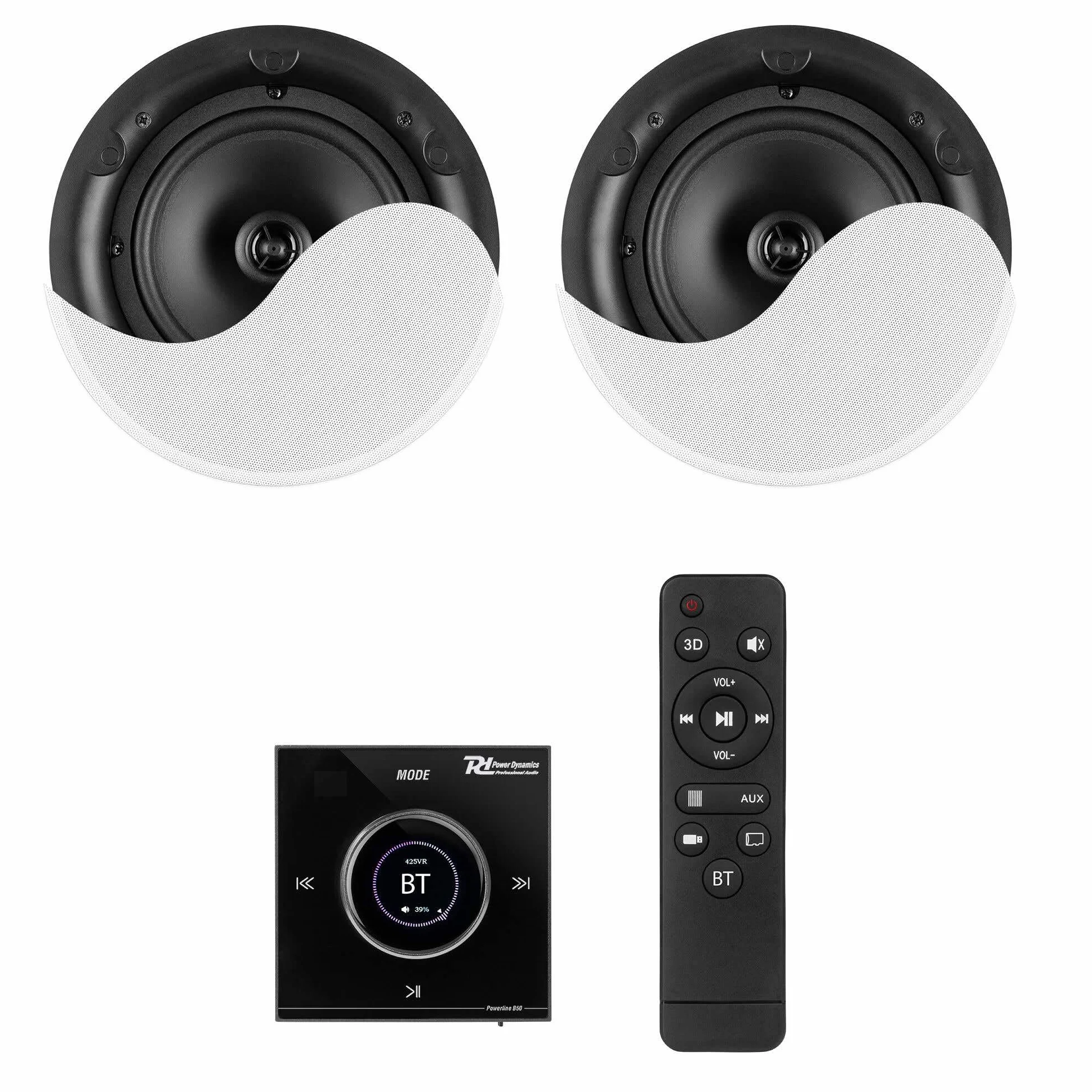 Power Dynamics Powerline B50BSet Amplificateur Mural Stéréo 2x25W Noir avec 2 Enceintes de Plafond 6,5" Blanches, Installation Discrète, Idéale Maison et Pro