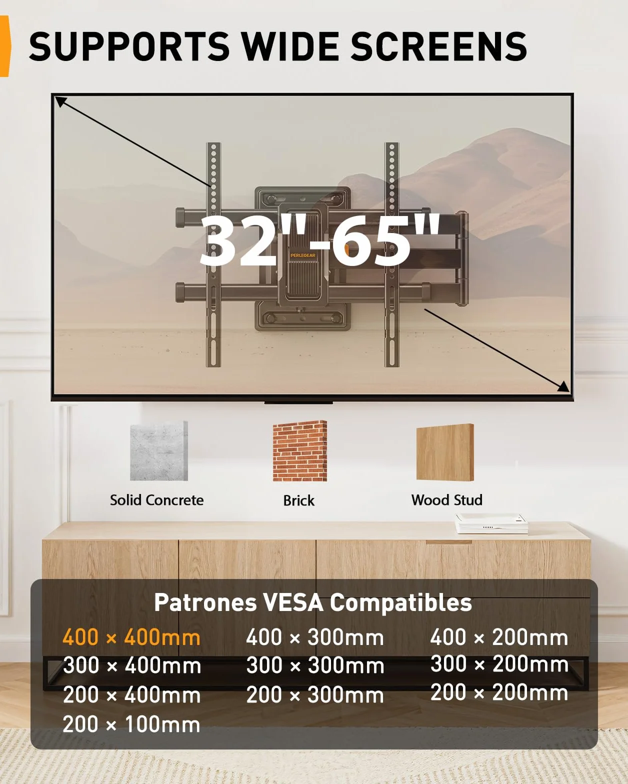 Perlegear Support Mural TV à Bras Long, Support TV à Mouvement Complet pour Téléviseurs de 32-65″, Capacité de Charge de 60 kg, Support TV d'angle avec Pivotement de ±90°, VESA Max 400x400mm, PGMF24B