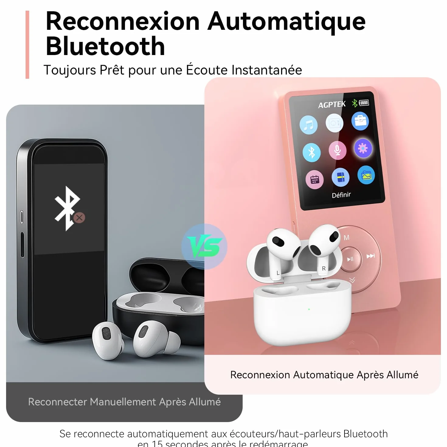 AGPTEK Lecteur MP3 Bluetooth 5.3 64Go Baladeur Portable HiFi 70H Autonomie Radio FM Or Rose
