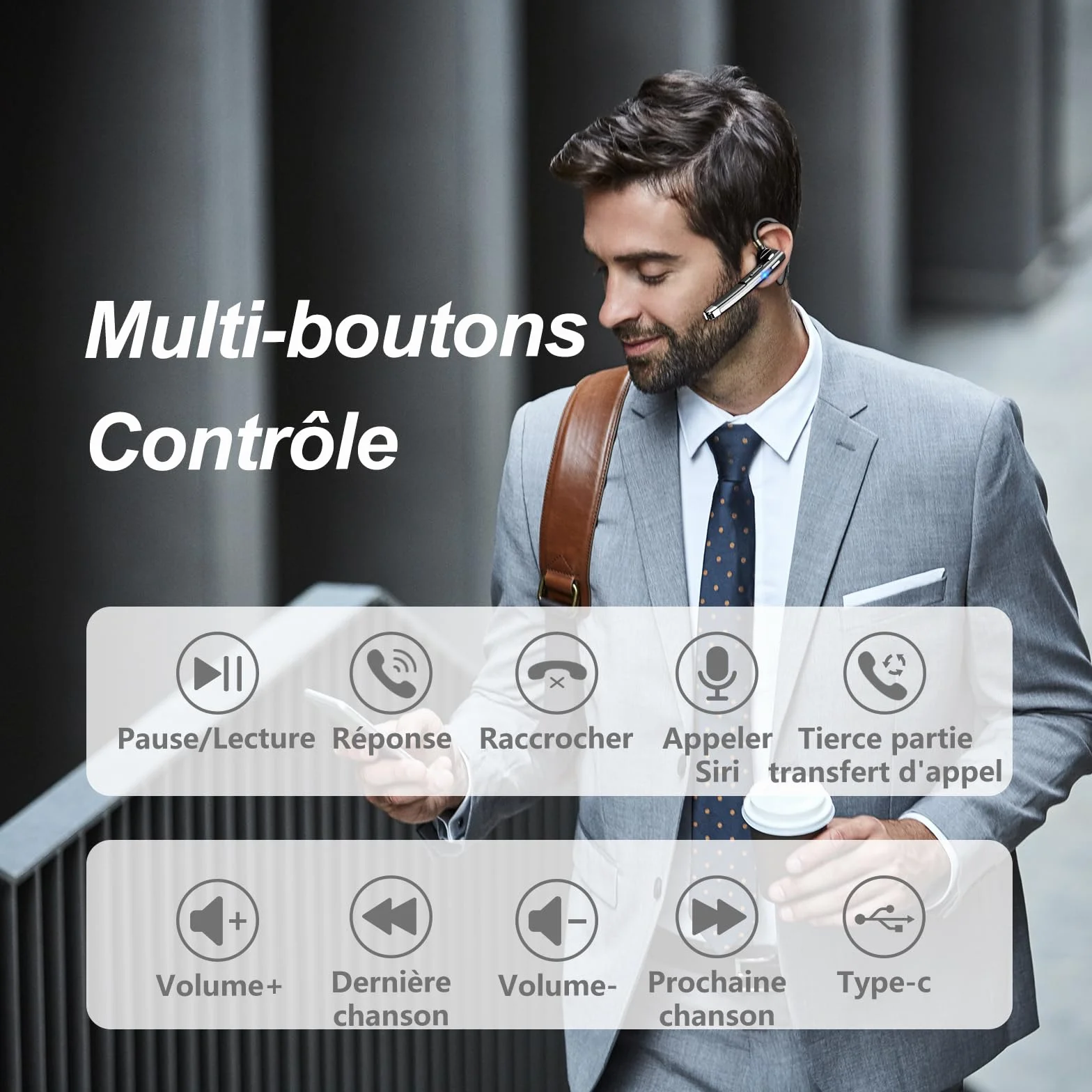Oreillette Bluetooth sans Fil Kit Main Libre Avec double microphone pour l'annulation du bruit 64 Heures de Conversation en HD boîtier chargement LED CVC8.0 iPhone/Android
