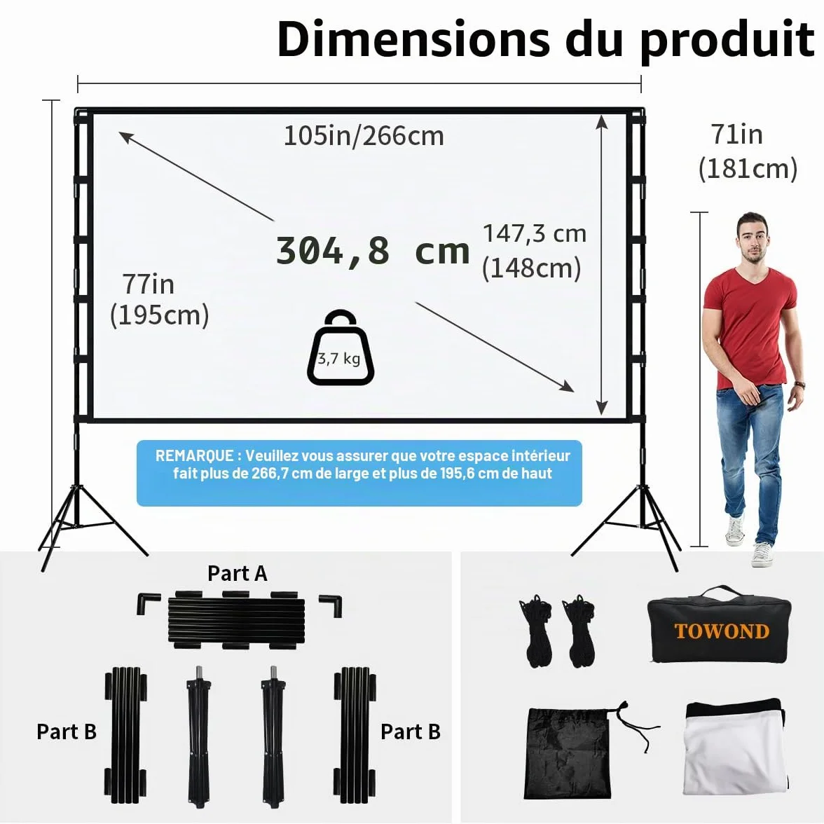 Towond Écran de Projection 120 Pouces Portatif 16:9 HD avec Support et Sac de Transport