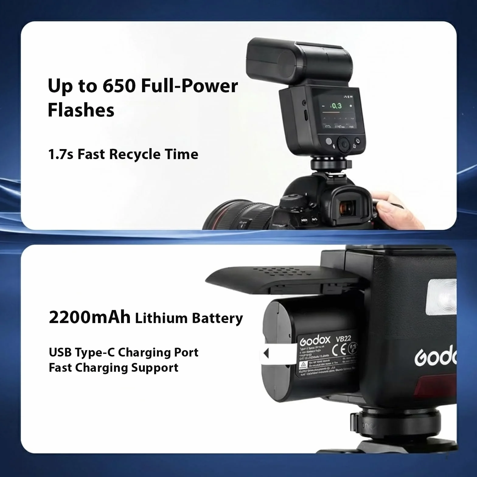 Godox Batterie de rechange VB22 pour V480, 7,2 V 2200 mAh Li-ion pour GODOX V480C / V480S / V480N / V480O / V480F et V350C / V350S / V350N / V350O / V350F Flash d'appareil photo Charge rapide USB-C