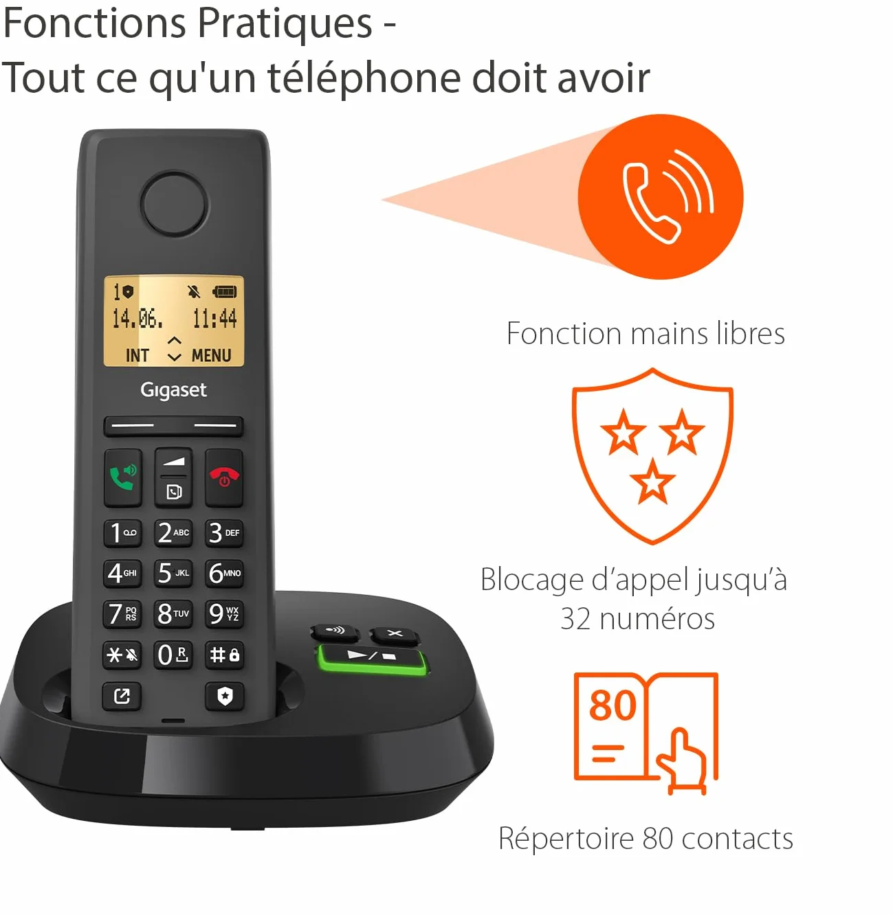 Gigaset Pure 220A Trio - 3 Téléphones DECT sans Fil avec répondeur - Blocage d’Appel et Fonction Mains Libres - Répertoire 80 Contacts, Noir Anthracite [Compatibilité avec DE, IT, FR, NL, Che, AUT]