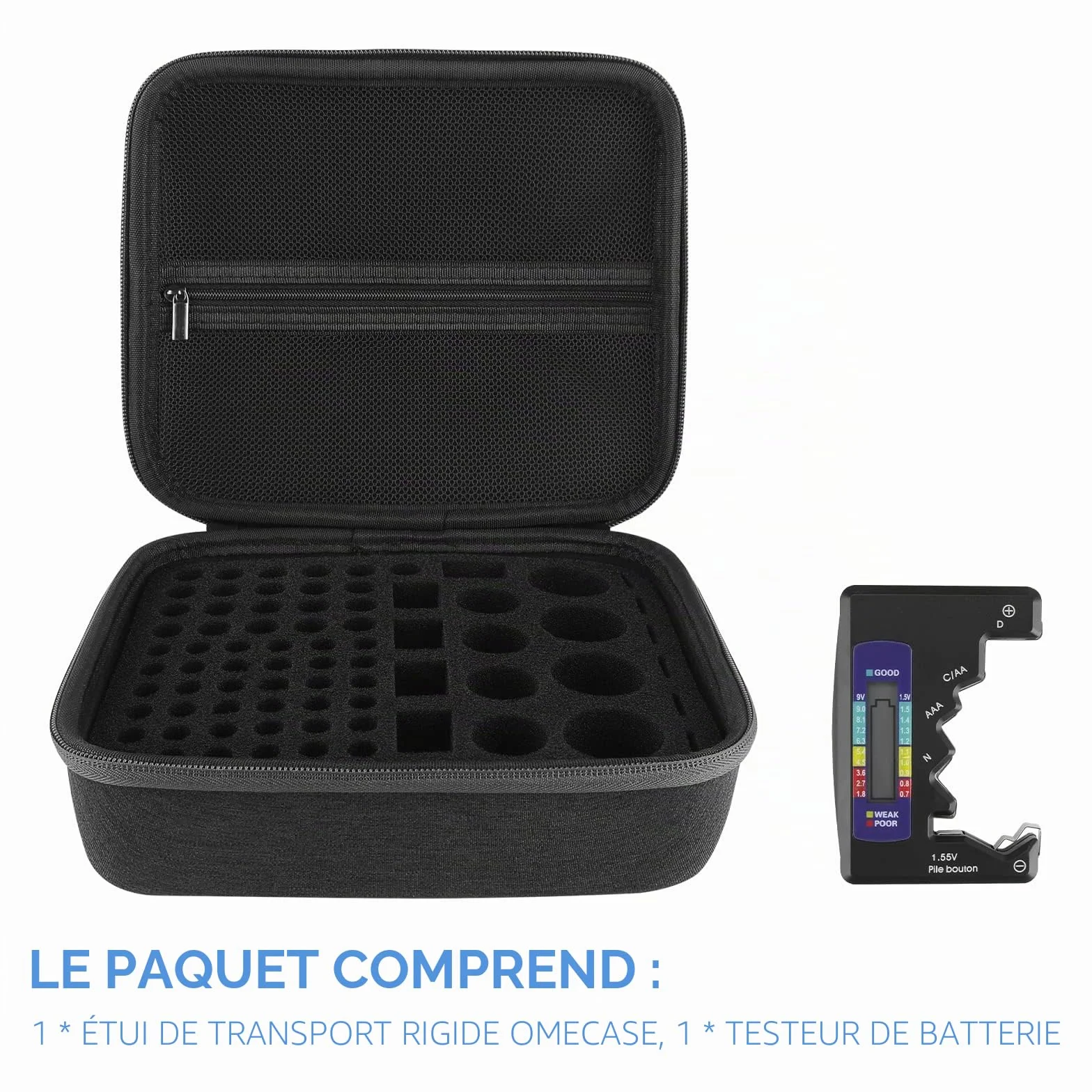 Linkidea BT-168 Boîte de rangement de batterie rigide avec testeur BT-168, support de boîte de batterie pour transport sûr – Capacité de 76 piles AA AAA 9 V C D Plusieurs tailles