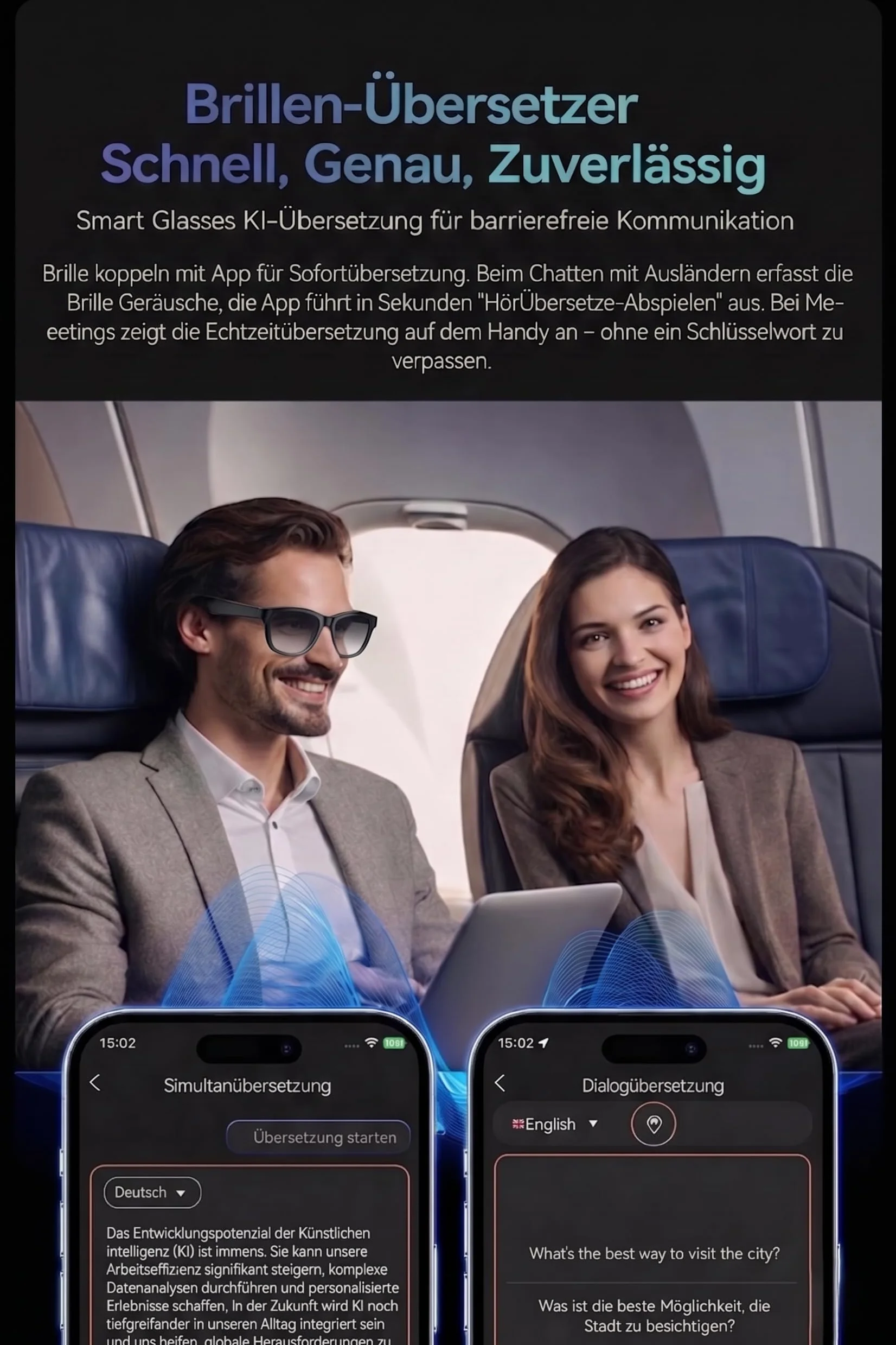 Lunettes intelligentes avec KI & Bluetooth, assistant vocal ChatGPT, protection UV, Wi-Fi, traduction en temps réel en 89 langues, caméra 2K, audio ouvert, étanchéité IP65, identification des objets