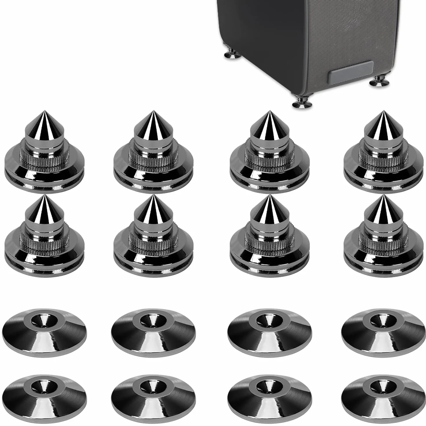 Lot de 8 pics de haut-parleur nickelés 24 K - Protection du sol - Pieds d'isolation résistants aux chocs pour appareils Hi-Fi (noir)