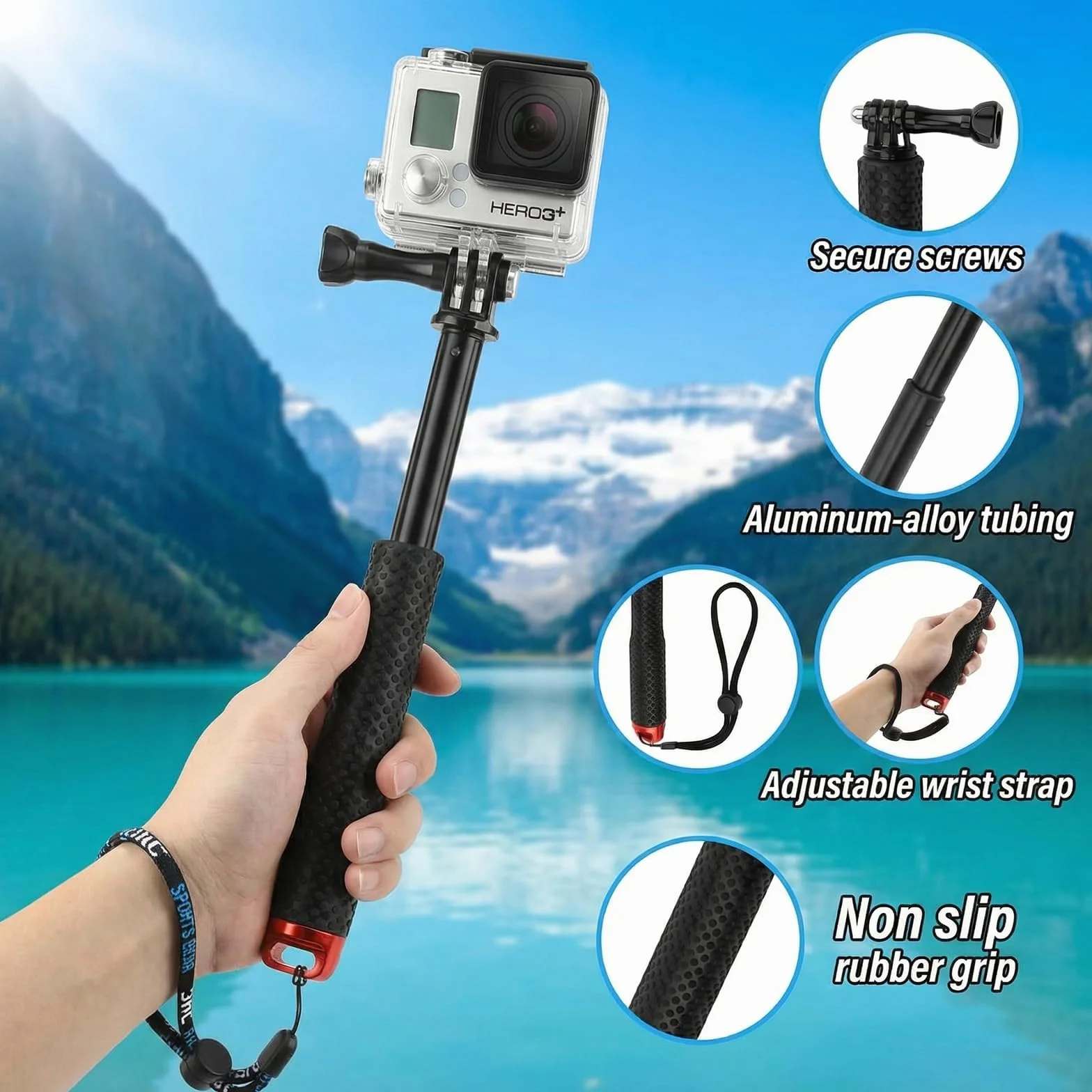 Perche Etanche pour GoPro et Action Cam, télescopique 49 cm, Format Compact 18 cm, Perche à Selfie Etanche sous Marine, Compatible DJI Osmo Action, Insta360 Ace Pro