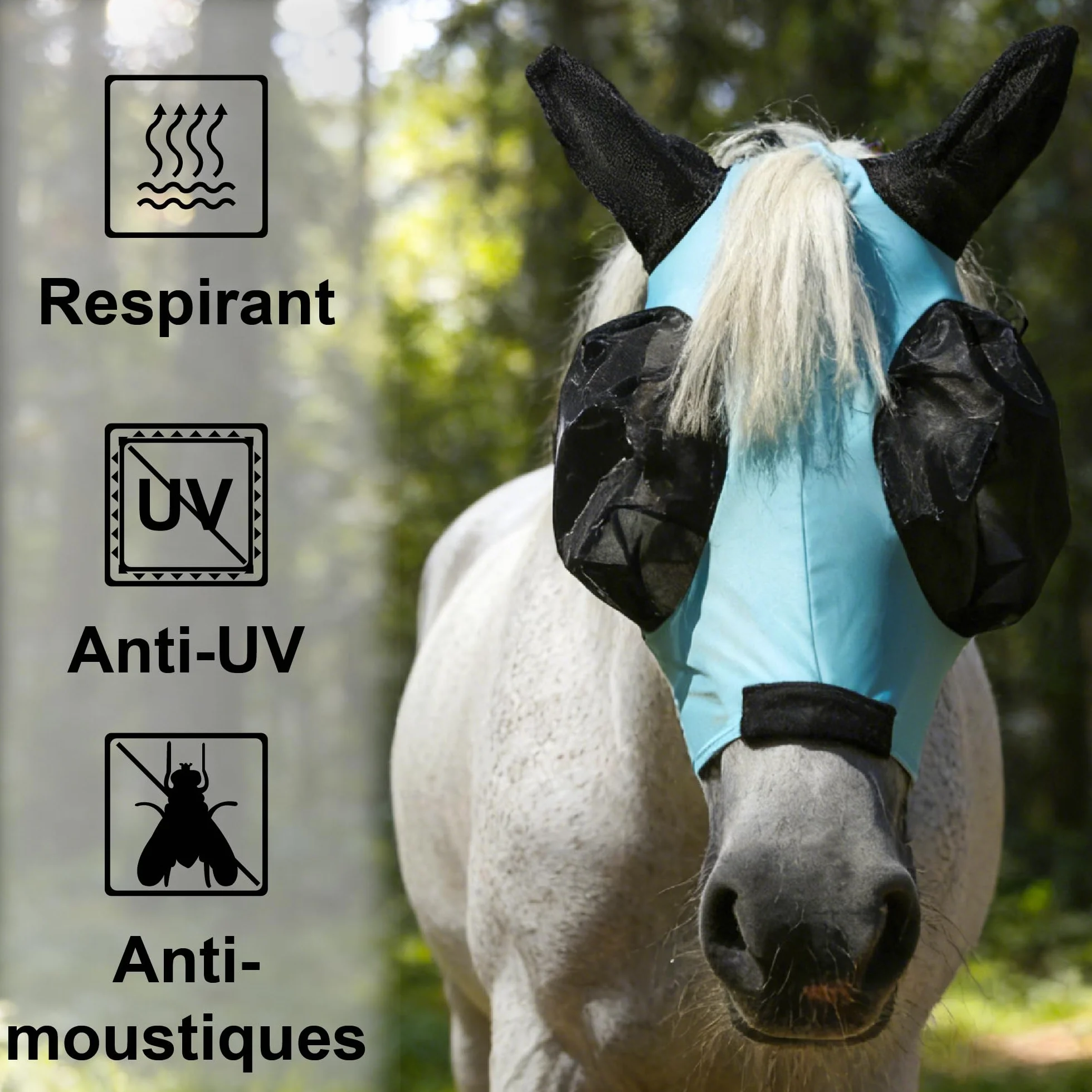 Masque Anti-Mouches pour Chevaux avec Oreilles, Protection UV, Respirant, Grands Yeux - Bleu Lac (Medium)
