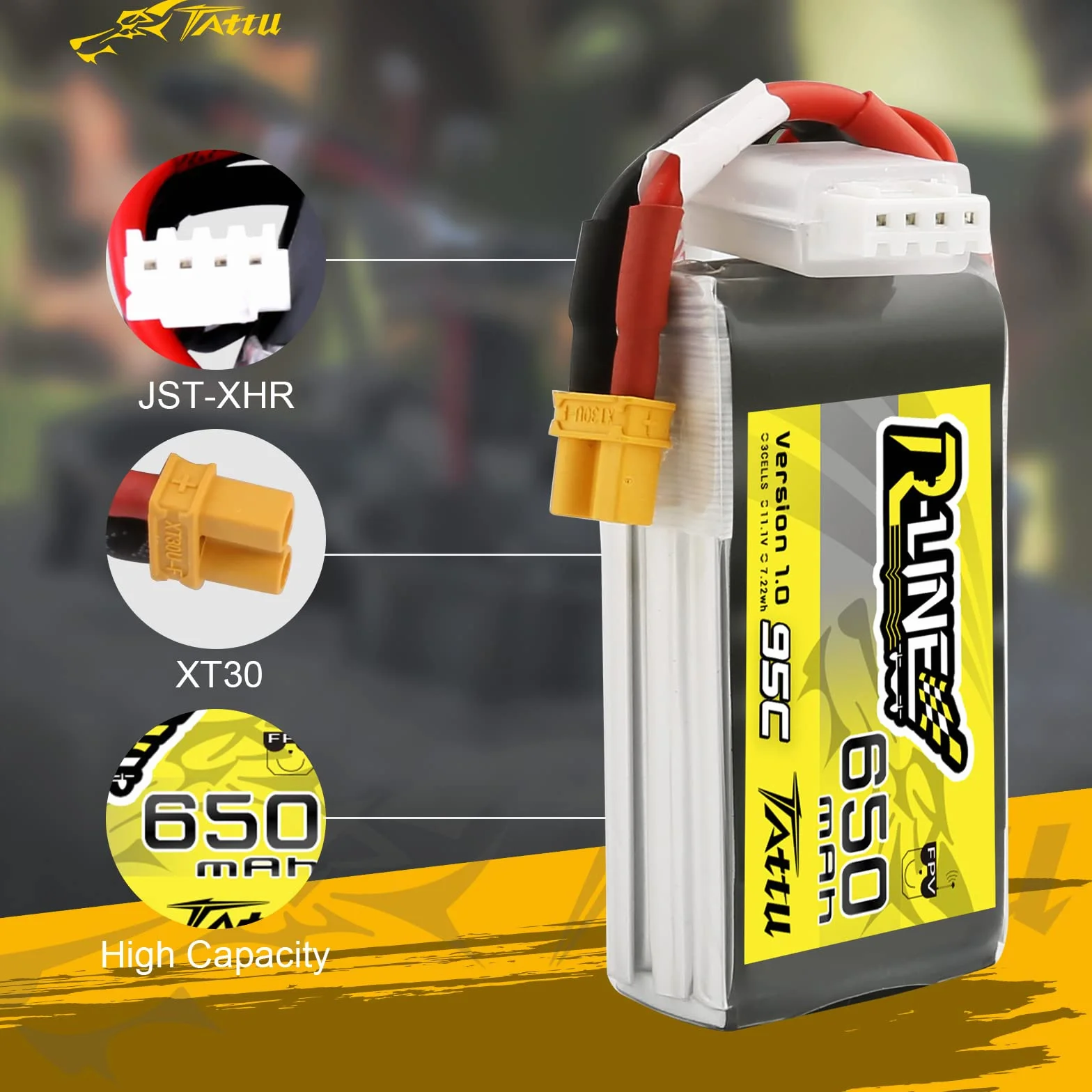 Tattu 3S Lipo Battery 11.1V 650mAh 95C Soft Case R-Line Lipo Battery Pack avec connecteur XT30 pour UAV Drone FPV Racing RC Quadcopter multirotor de Taille 100 à 180