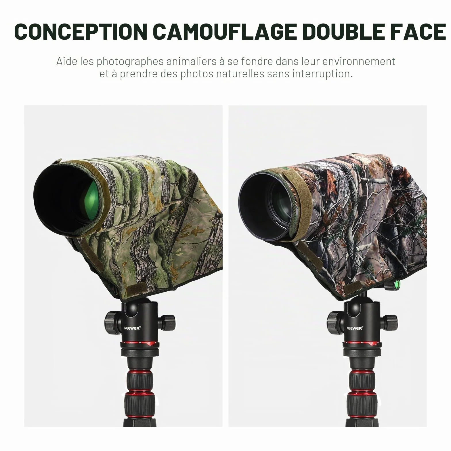 NEEWER Housse de Protection Contre la Pluie pour Appareil Photo Reflex numérique Canon, Sony, Nikon, Fujifilm et objectifs jusqu'à 400 mm, Camouflage des Deux côtés, en Nylon Vert PB020