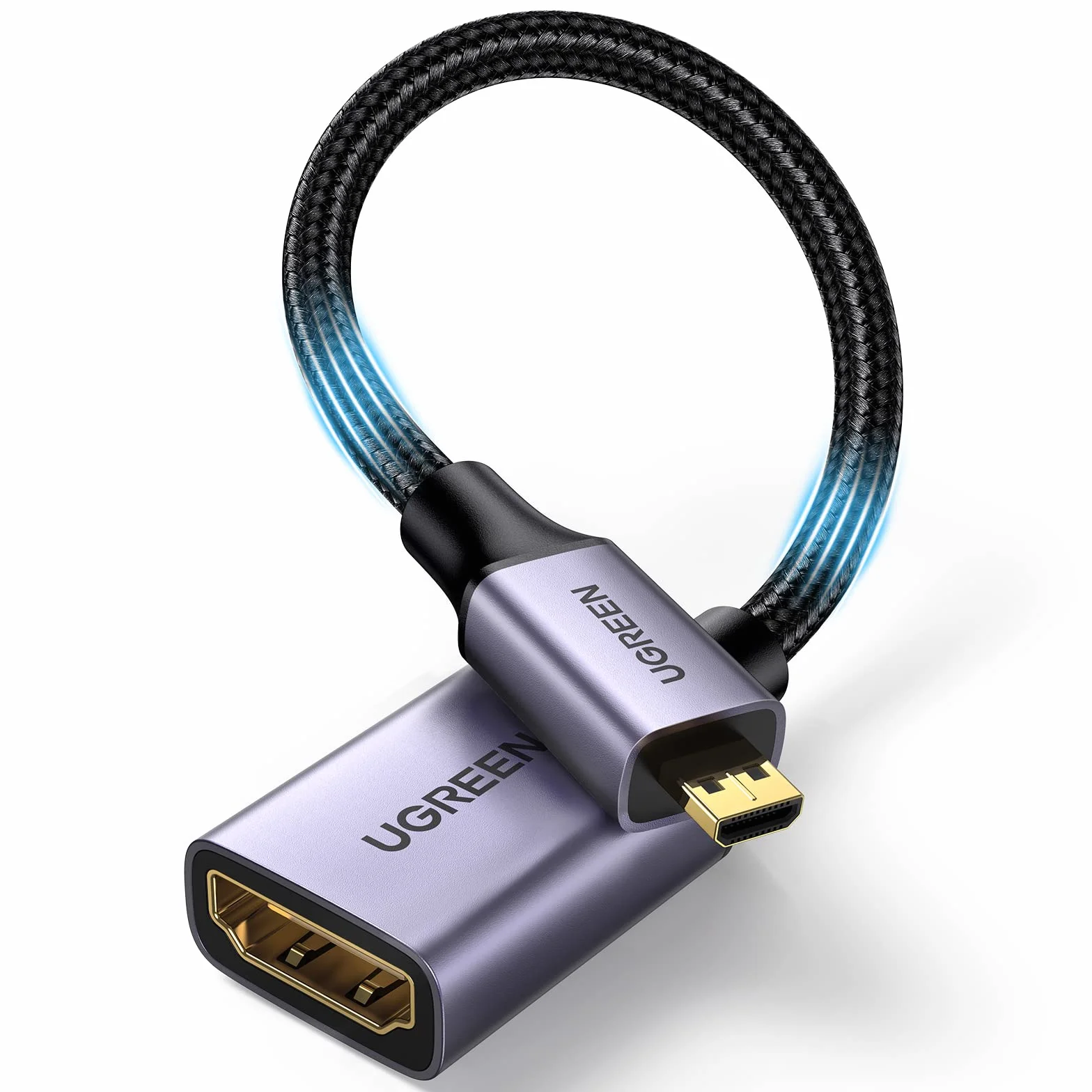 UGREEN Micro HDMI vers HDMI 4K 60Hz Adaptateur Mâle vers Femelle Nylon Tressé Supporte 3D Ethernet Arc Bidirectionnel Compatible avec Laptop Raspberry Pi 4 Hero 7 ASUS Zenbook Yoga Caméra 25CM (Gris)