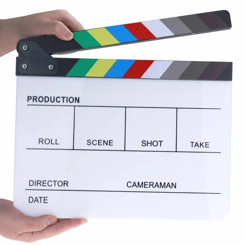 Clap de Cinéma 30 x 25cm,Acrylique Film Clapper,avec effaceur magnétique,2 stylos,Clap Cinéma pour Tournage Film,Tournage Vidéo,Blanc