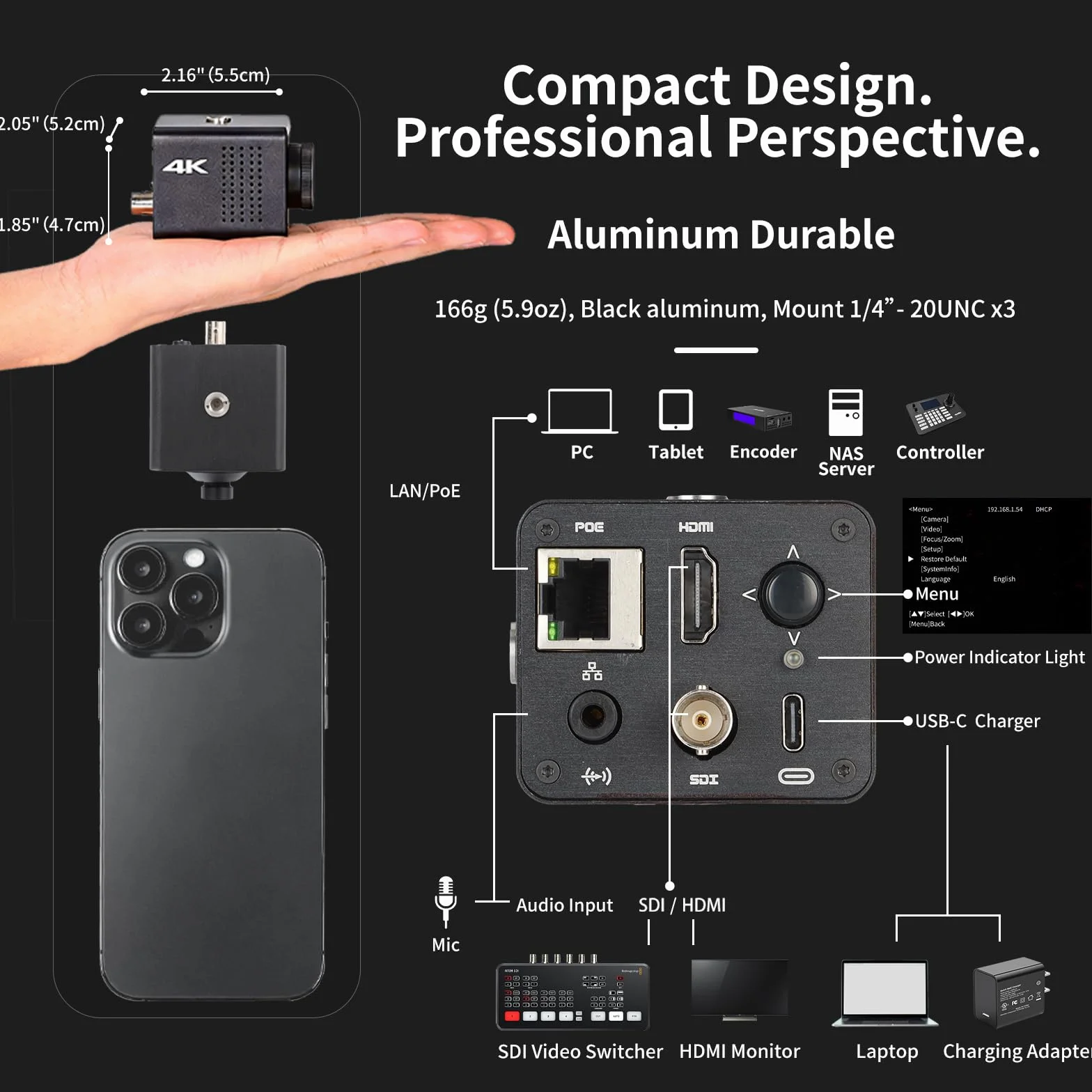 Zowietek Caméra Box POV 4K PoE ZowieCAM Sortie SDI/HDMI/UVC Streaming RTSP/RTMP/SRT Ultra Compacte Objectif Interchangeable Contrôle PC/Mobile/Tablette M12