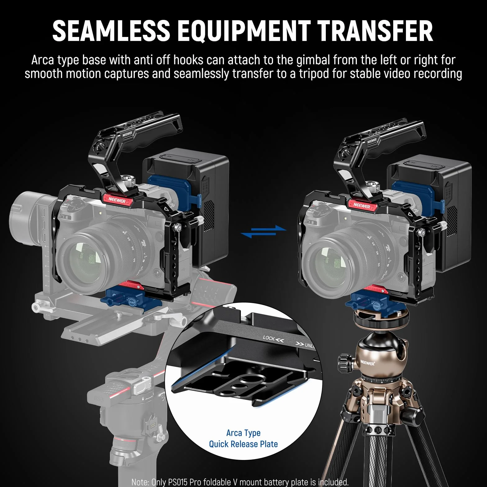 NEEWER Plaque Pliable pour Batterie V Mount et Plaque Base Type Arca Dégagement Rapide, Rig Vidéo Léger pour Caméra DSLR Compatible avec SmallRig Batterie V Mount DJI RS4 RS3 Stabilisateur, PS015 Pro